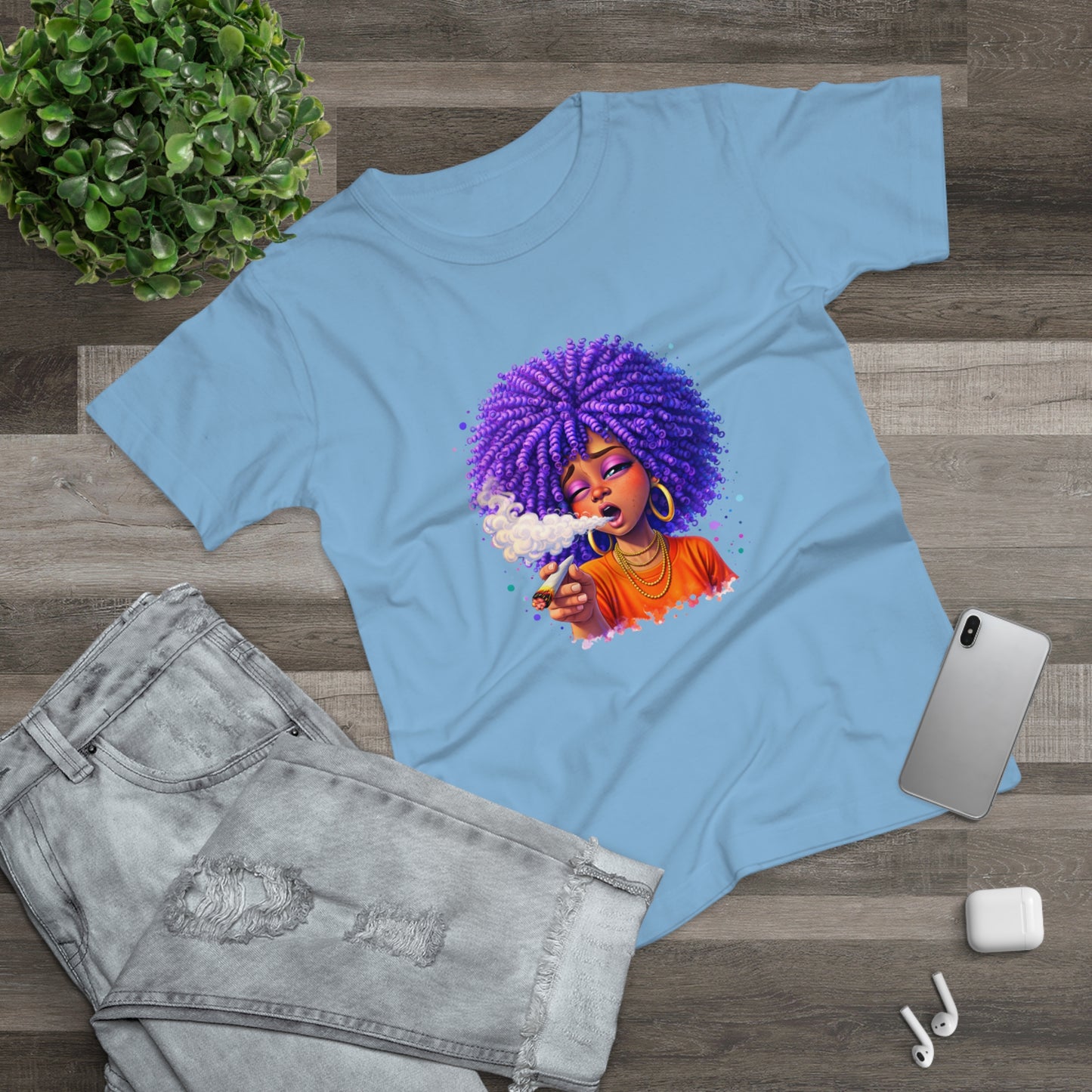 Women's T-Shirt — Purple Afro Girl Art Graphic Tee (Smoke Vibe)