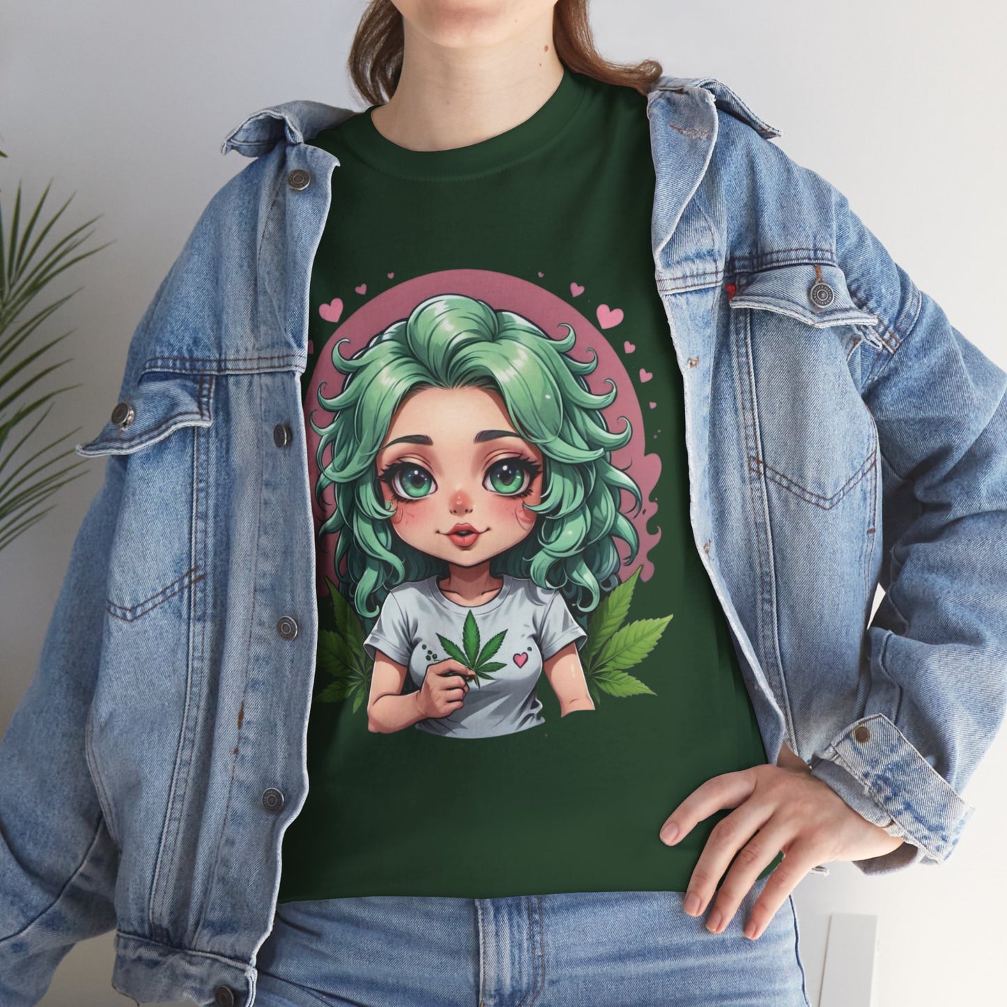 Plant Girl Cute Tee — Green Hair Anime Girl Graphic T-Shirt