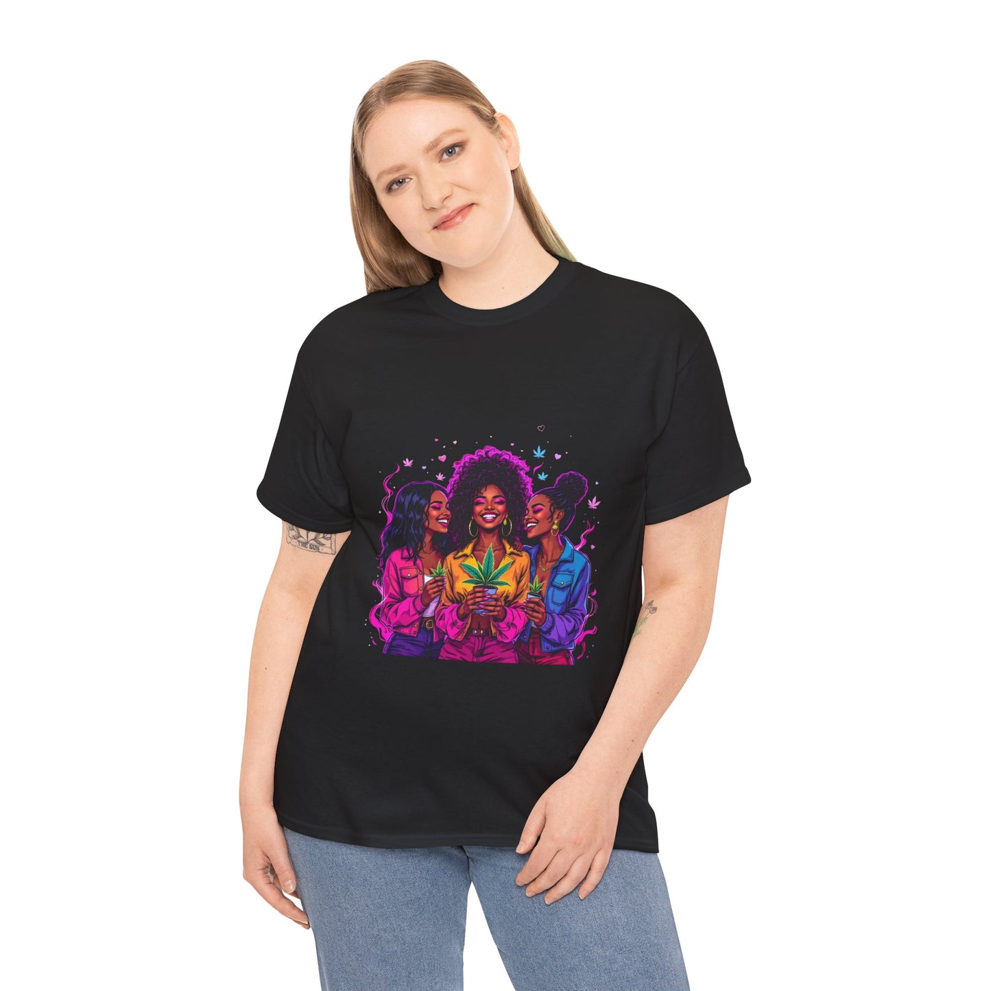 Black Tee — Vibrant Afro Women Holding 420 Leaf Graphic Shirt