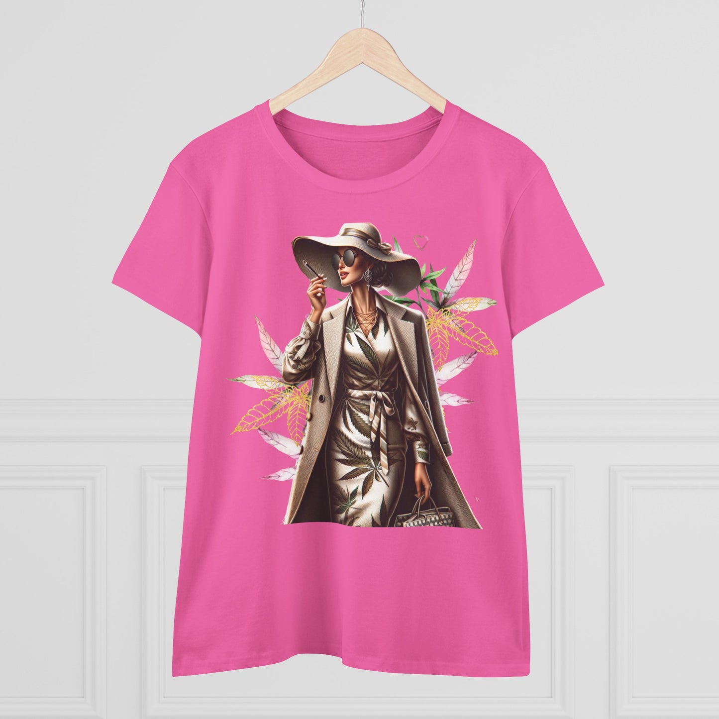 Chic Floral Fashion Tee — Stylish Woman in Trench & Sun Hat Graphic