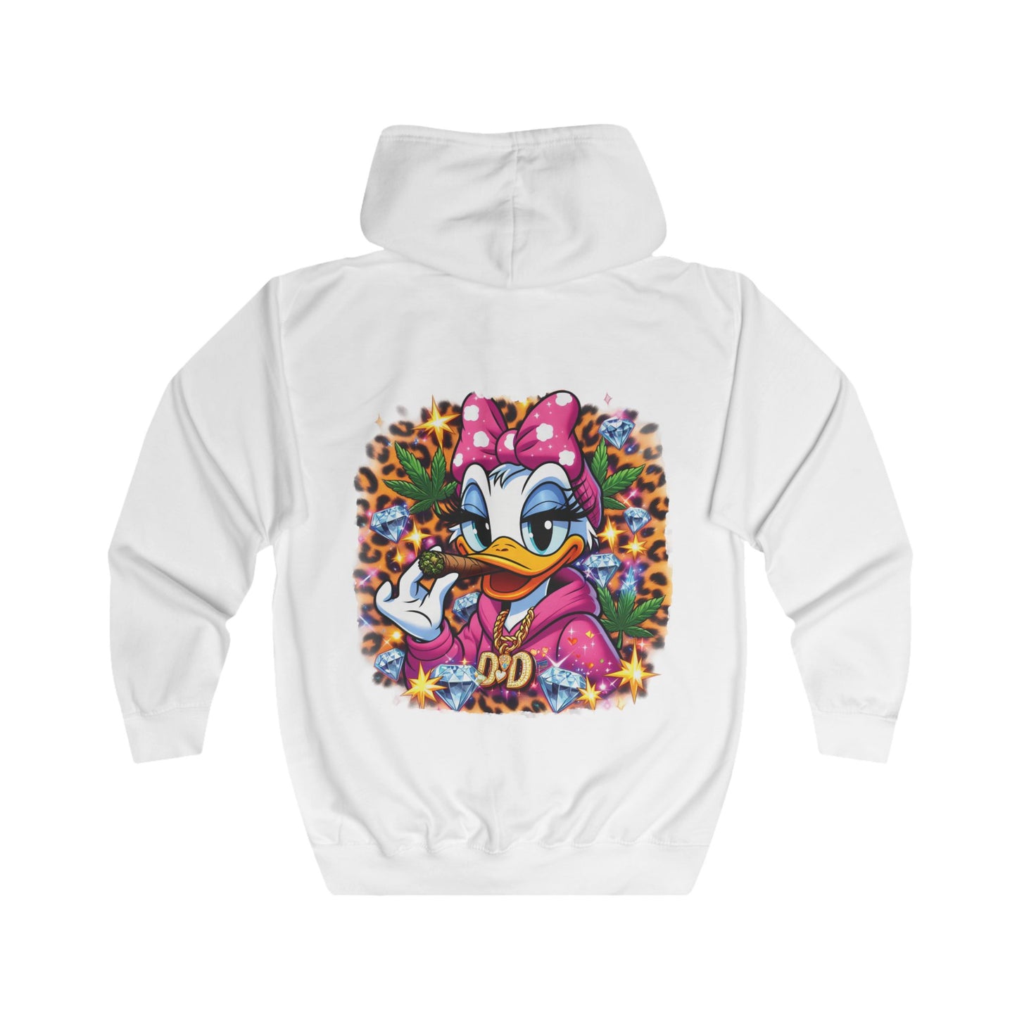Daisy Duck Pink Leaf Zip Hoodie — Retro Cartoon Graphic Full-Zip Jacket