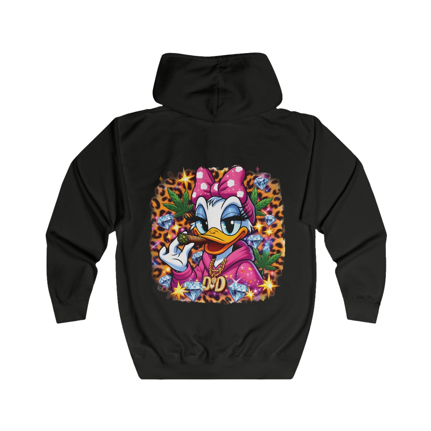 Daisy Duck Pink Leaf Zip Hoodie — Retro Cartoon Graphic Full-Zip Jacket
