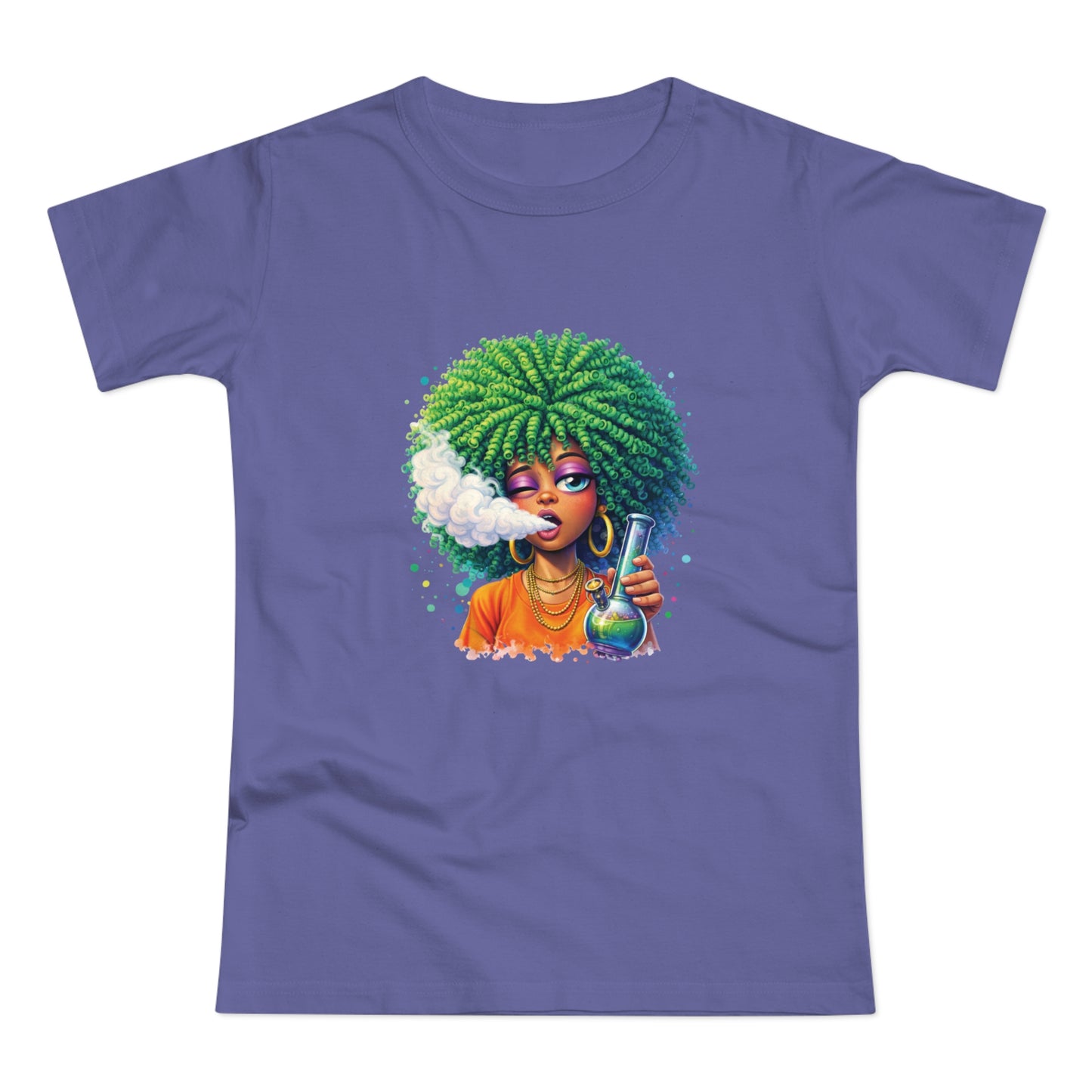 Women’s Graphic T‑Shirt — Afro Puff Girl Vaping Art