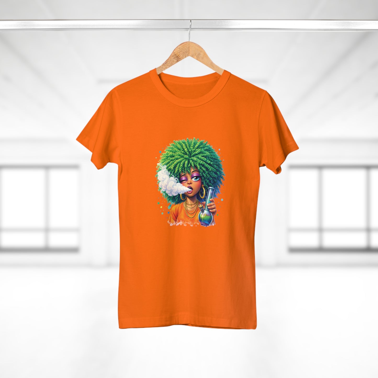 Women’s Graphic T‑Shirt — Afro Puff Girl Vaping Art