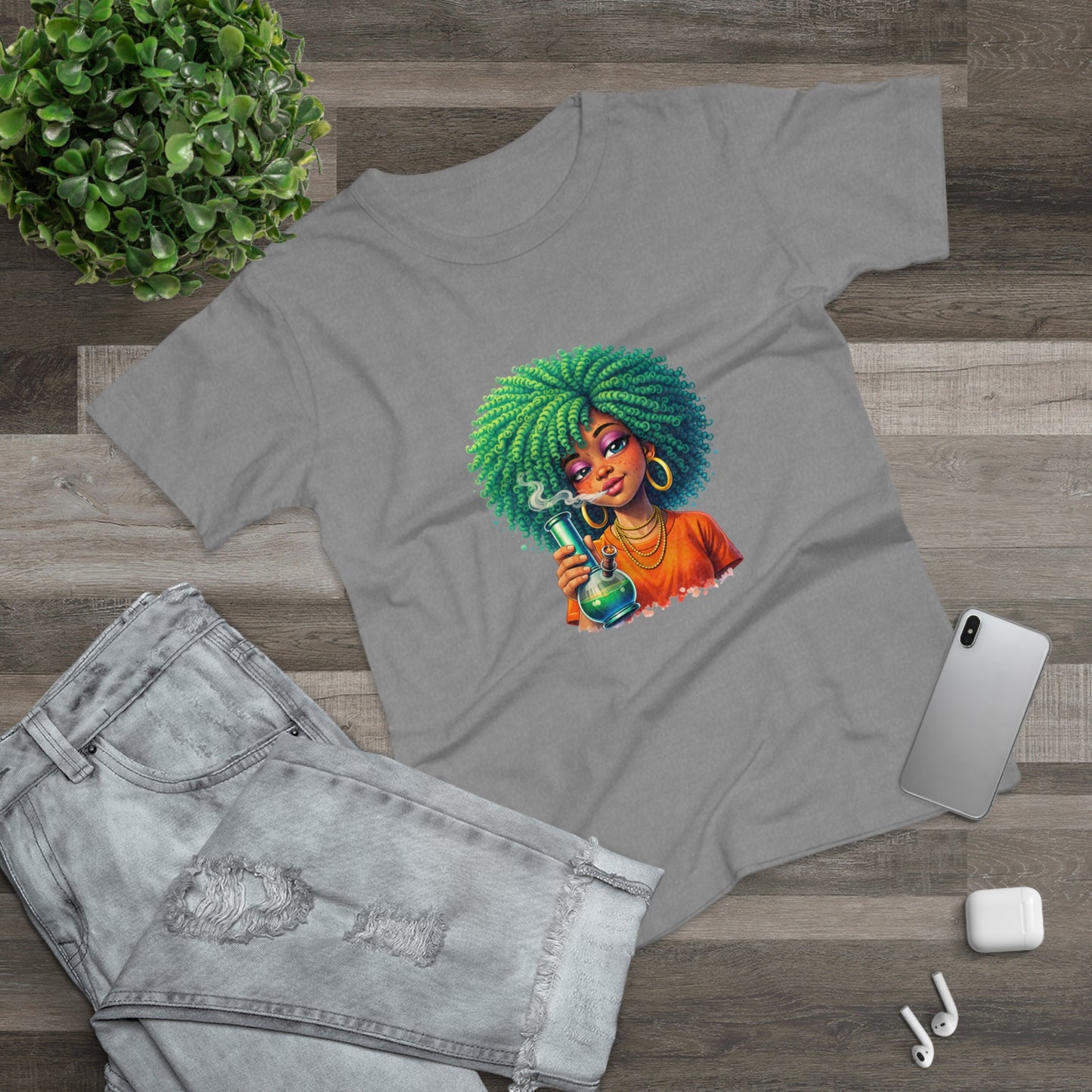 Afro Green Hair Scientist T‑Shirt — Cute Black Girl Chemist Graphic Tee