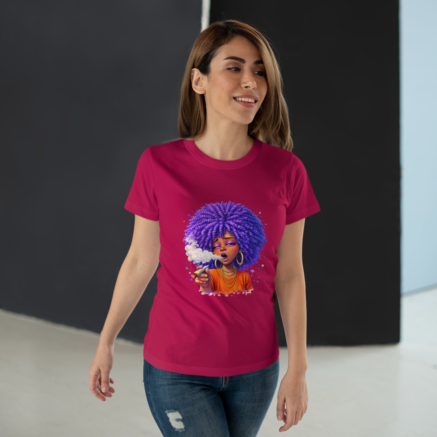 Women's T-Shirt — Purple Afro Girl Art Graphic Tee (Smoke Vibe)