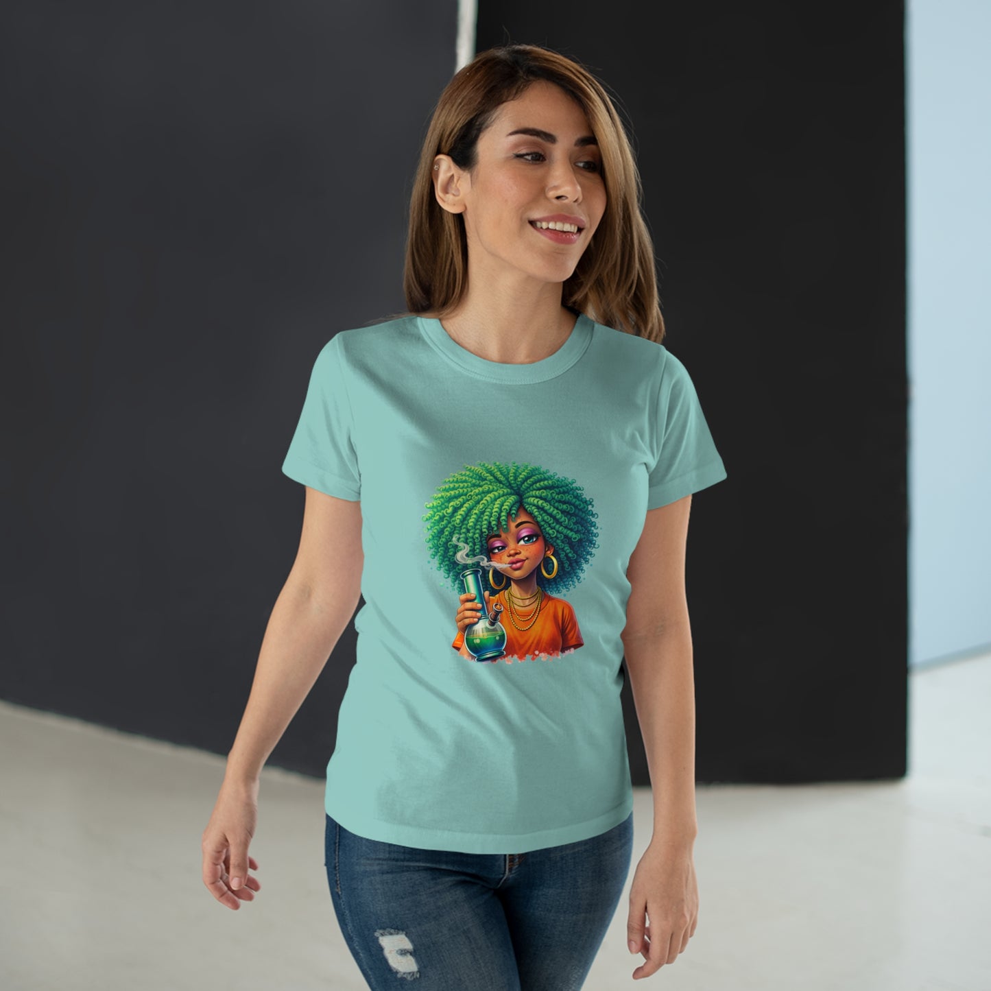 Afro Green Hair Scientist T‑Shirt — Cute Black Girl Chemist Graphic Tee