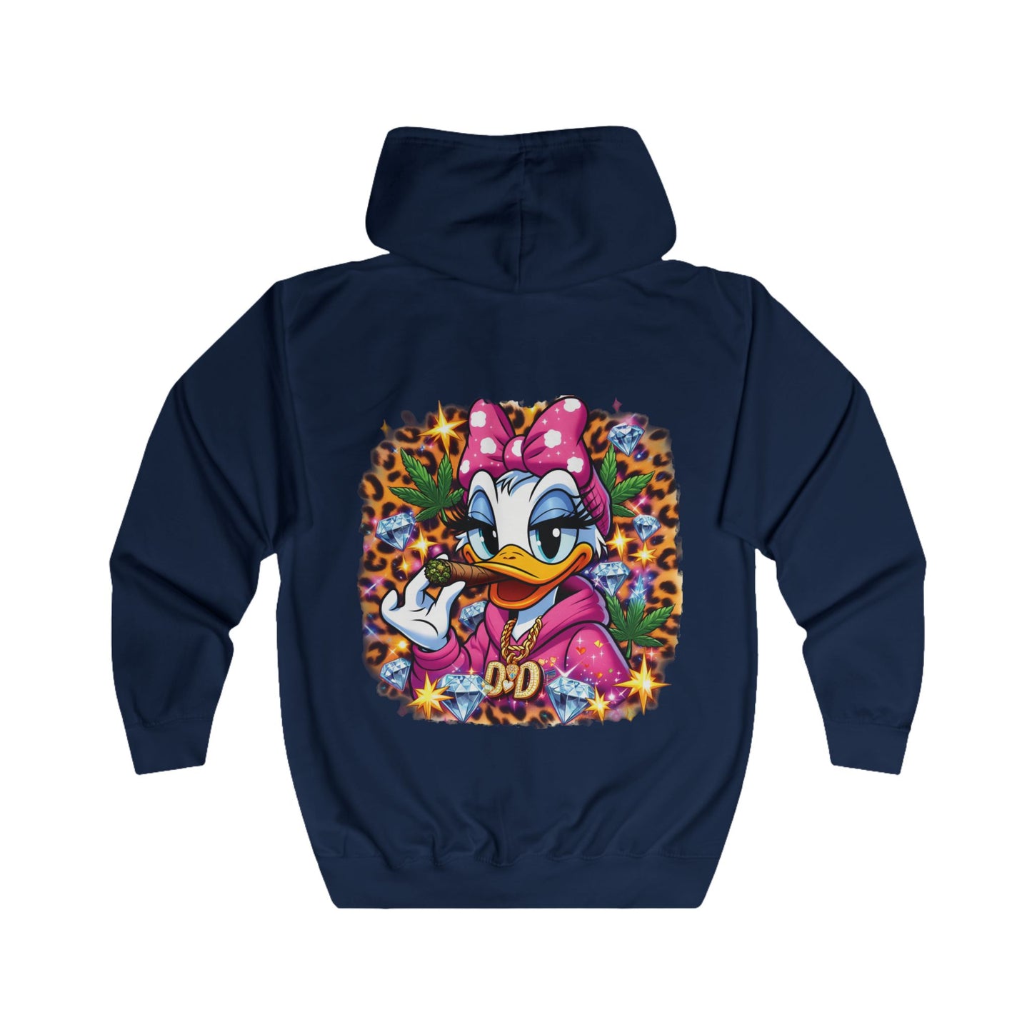 Daisy Duck Pink Leaf Zip Hoodie — Retro Cartoon Graphic Full-Zip Jacket
