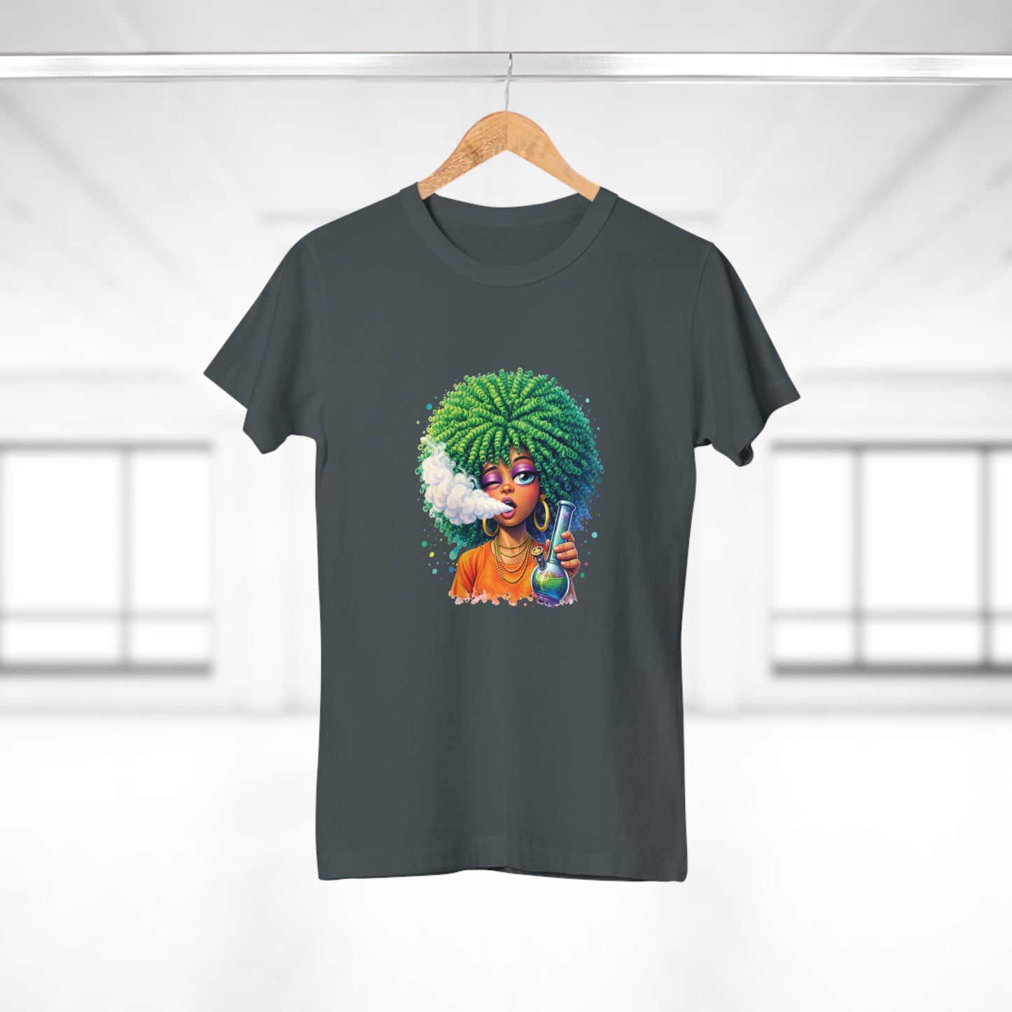 Women’s Graphic T‑Shirt — Afro Puff Girl Vaping Art