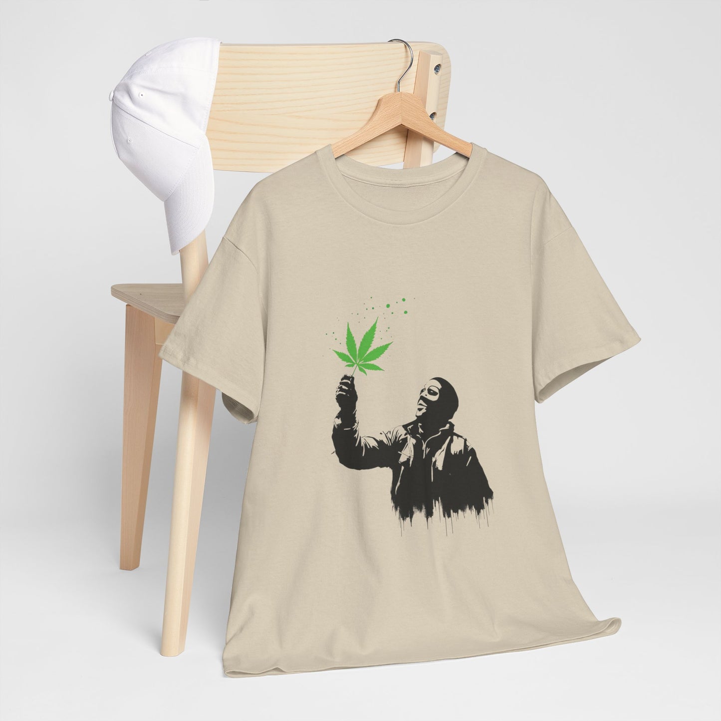 Weed Leaf Stencil Tee — Man Holding Green 420 Graphic T-Shirt