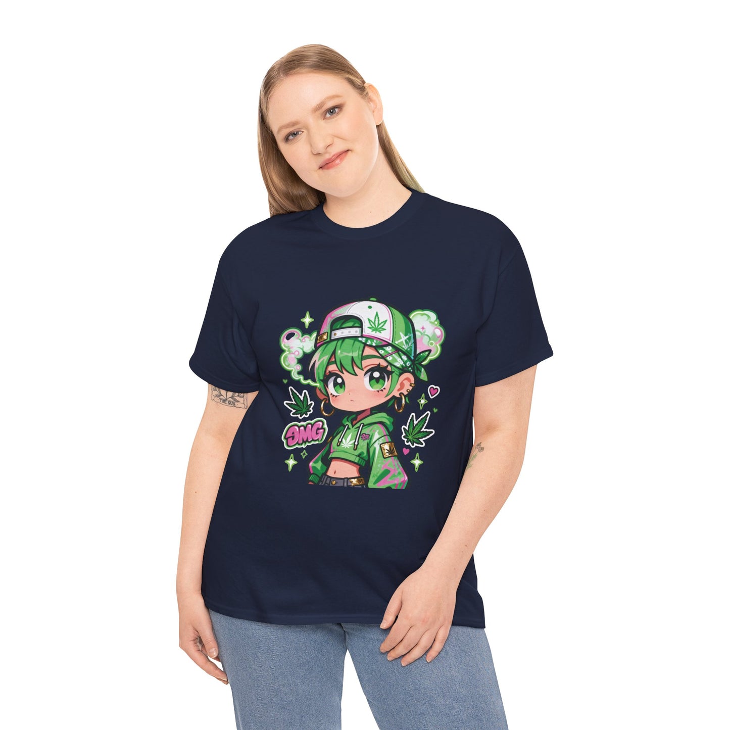 Green Anime Girl Tee — Cute Kawaii Character Shirt with Leaf Accent