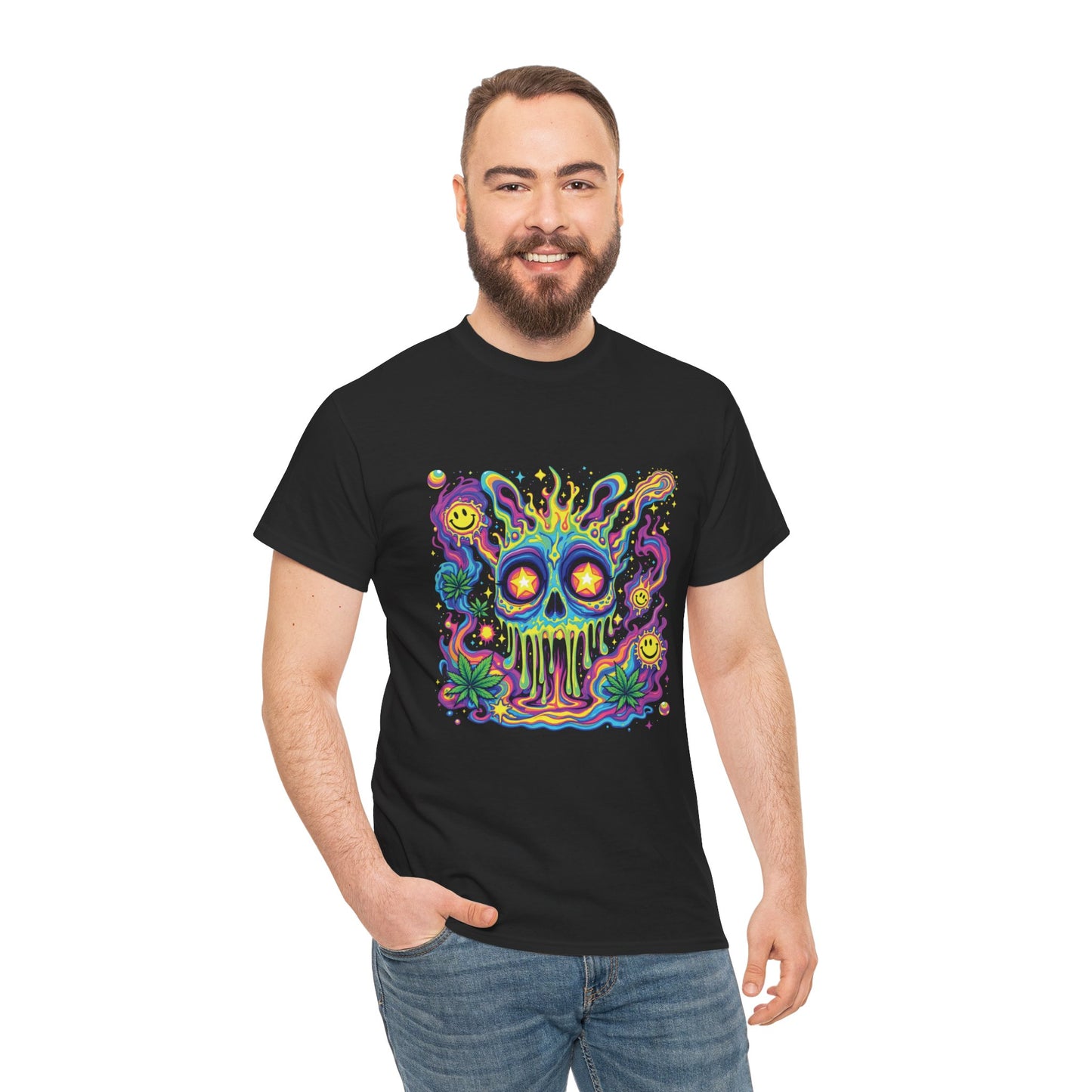 Psychedelic Skull T‑Shirt — Neon Trippy Horror Graphic Tee