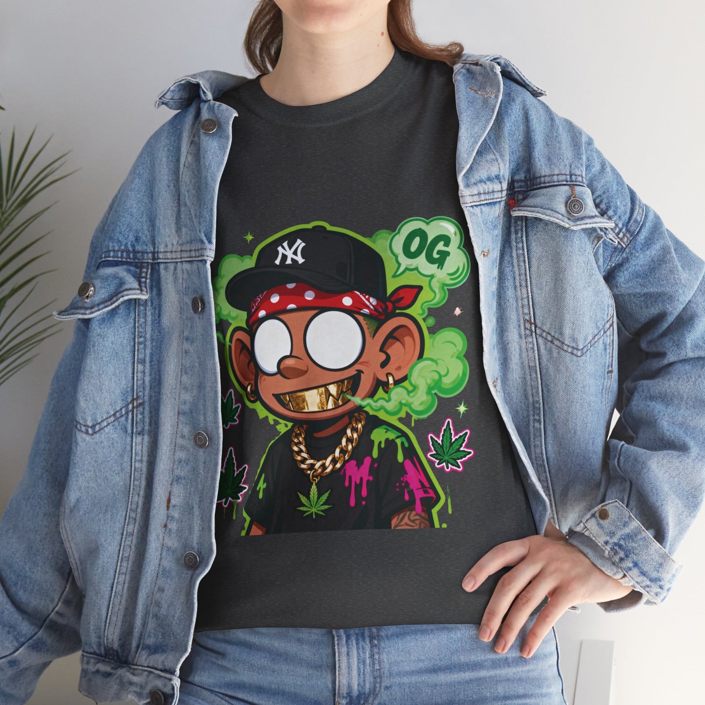 T-Shirt — OG Cartoon Stoner Graphic Tee (Green Smoke & Leaf Design)