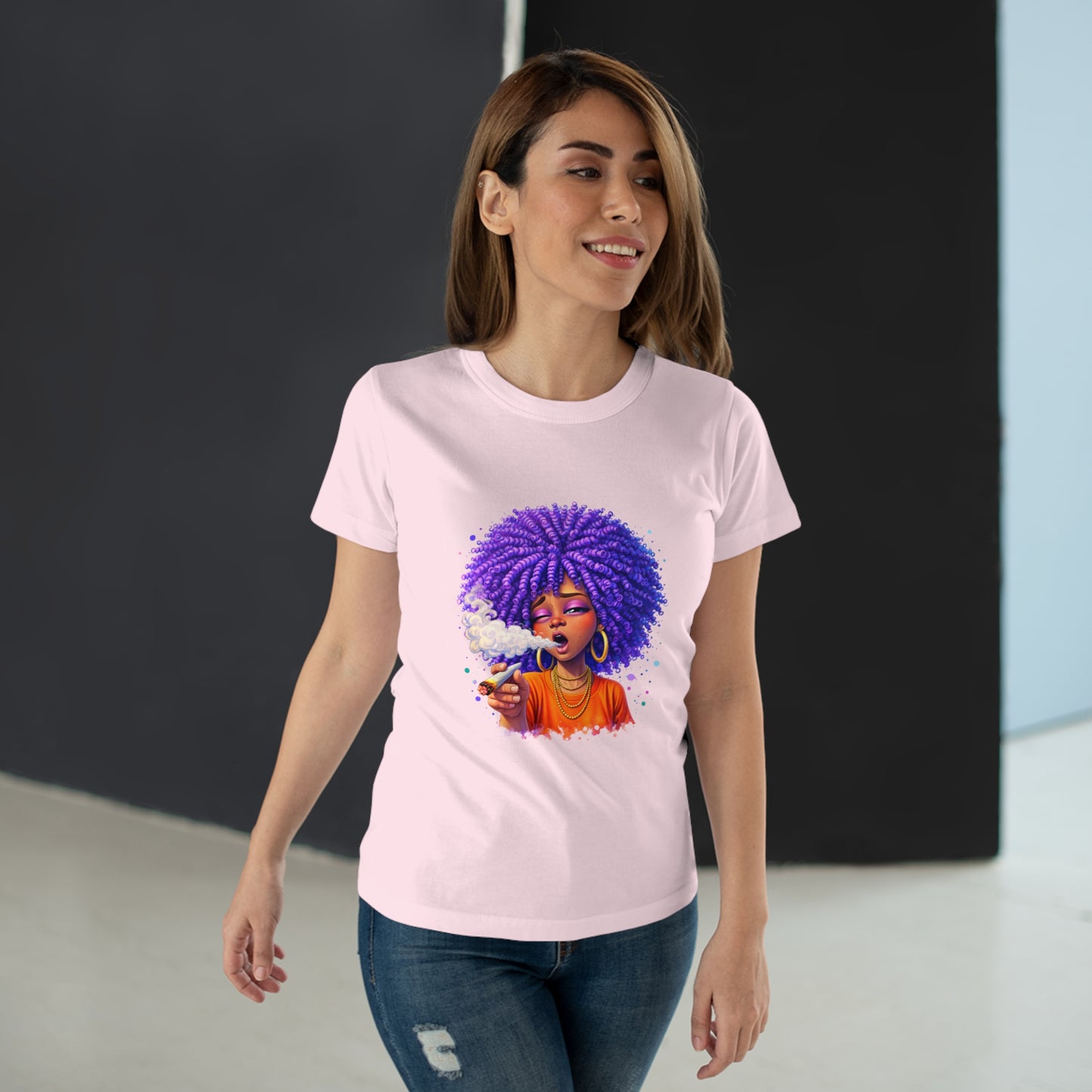 Women's T-Shirt — Purple Afro Girl Art Graphic Tee (Smoke Vibe)