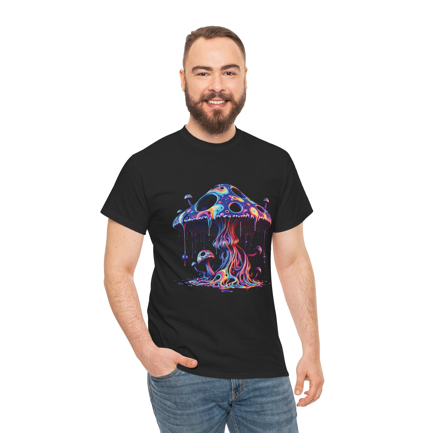 Psychedelic Neon Mushroom T-Shirt — Trippy Dripping Fungi Graphic Tee