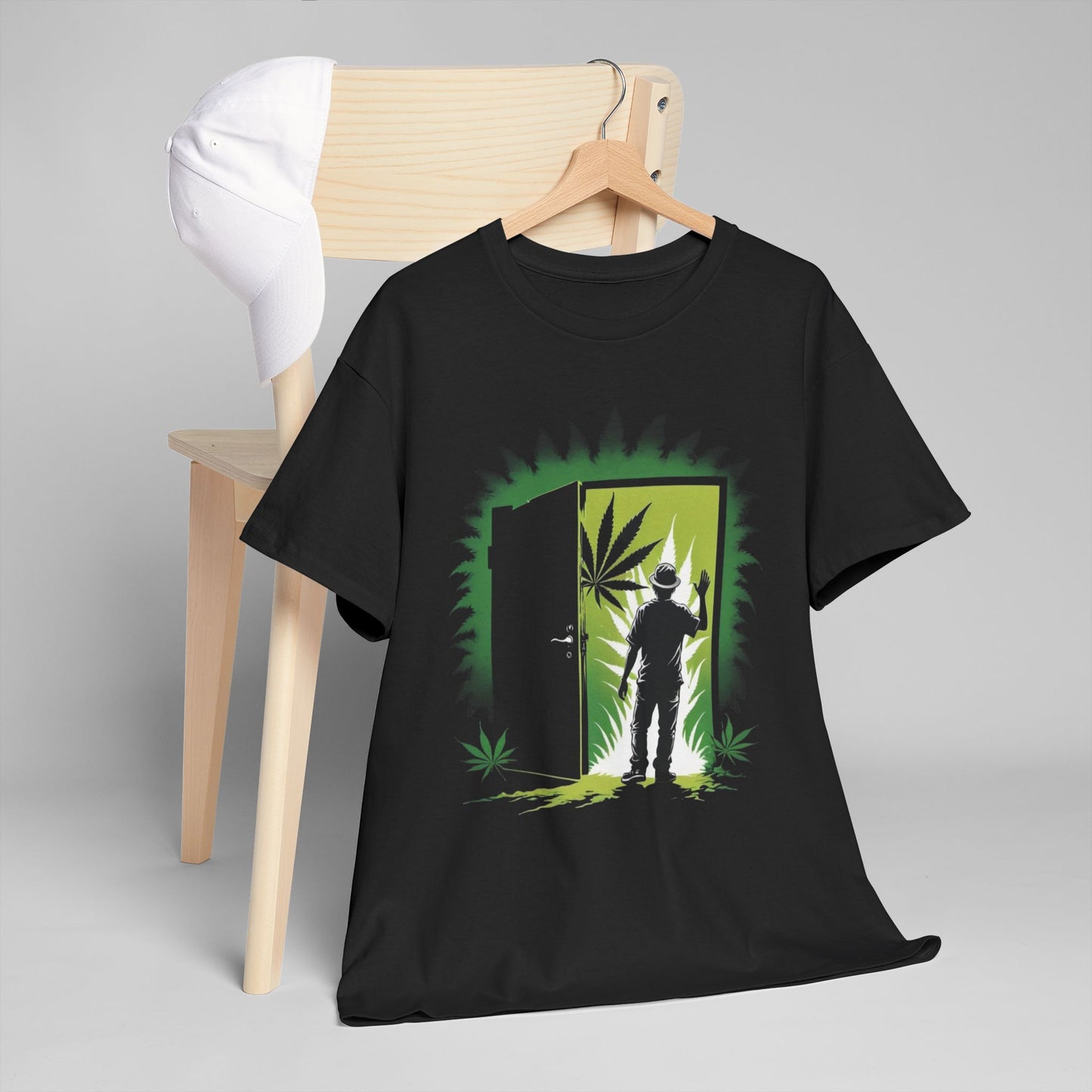 420 Doorway T-Shirt — Stoner Shadow Opening to Weed Leaf Scene