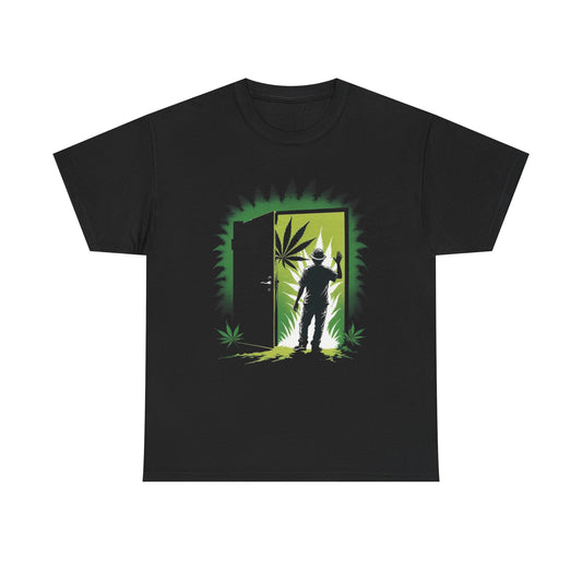 420 Doorway T-Shirt — Stoner Shadow Opening to Weed Leaf Scene