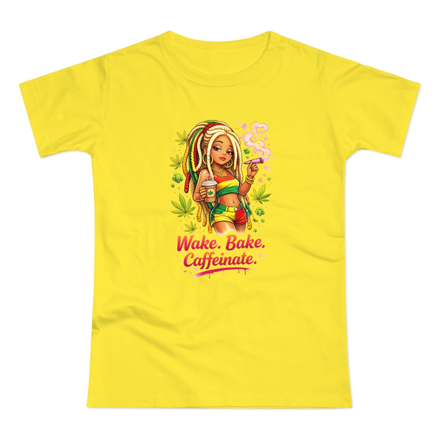 Wake, Bake, Caffeinate T-Shirt — Rasta Girl Coffee & Weed Graphic Tee