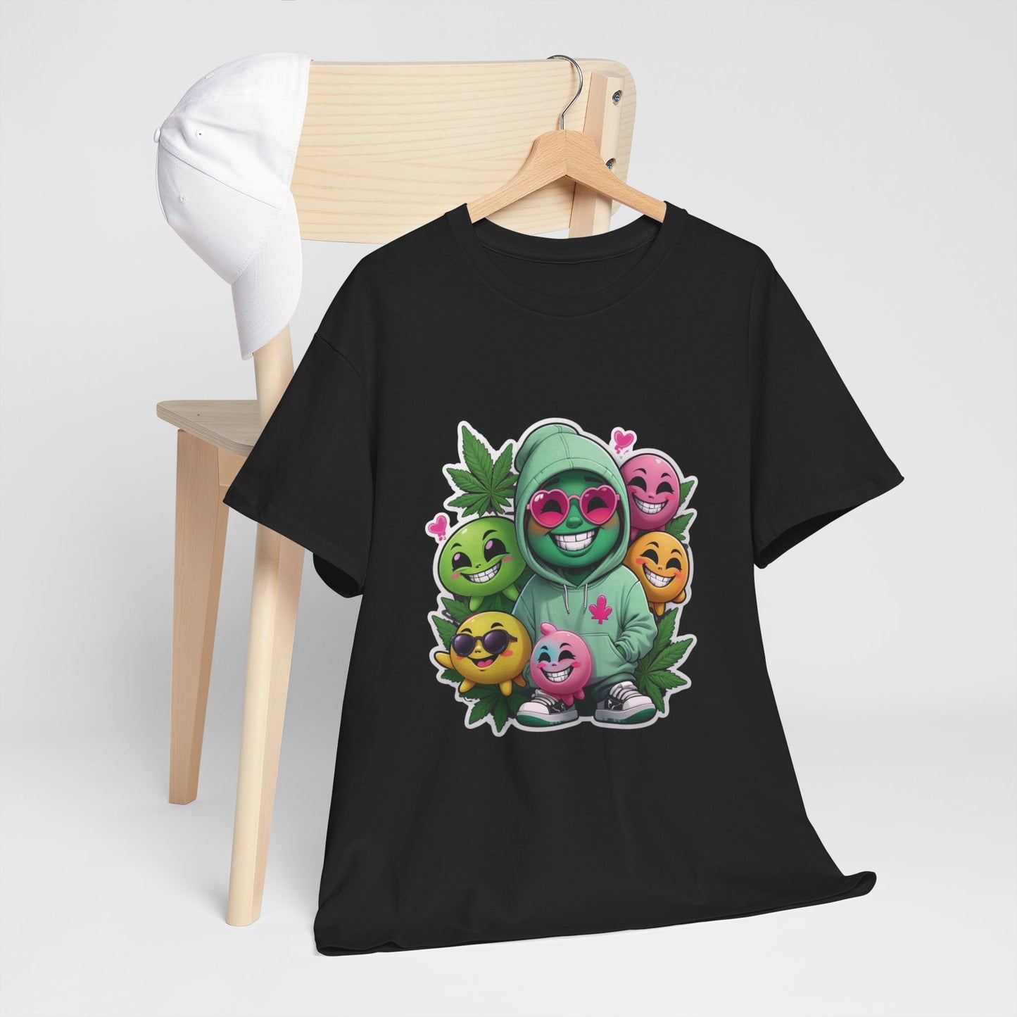 Cute Hoodie Squad T‑Shirt — Kawaii Smiley Fruit Crew Graphic Tee