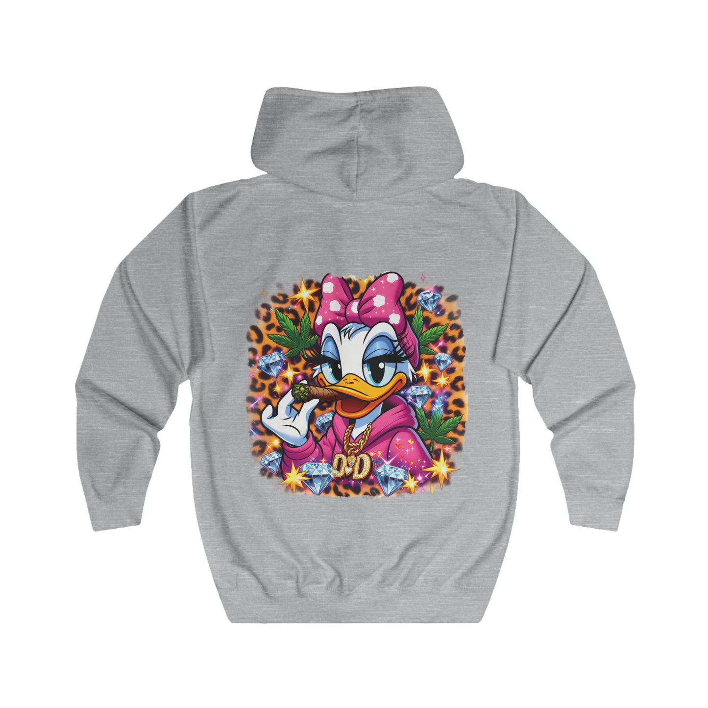 Daisy Duck Pink Leaf Zip Hoodie — Retro Cartoon Graphic Full-Zip Jacket
