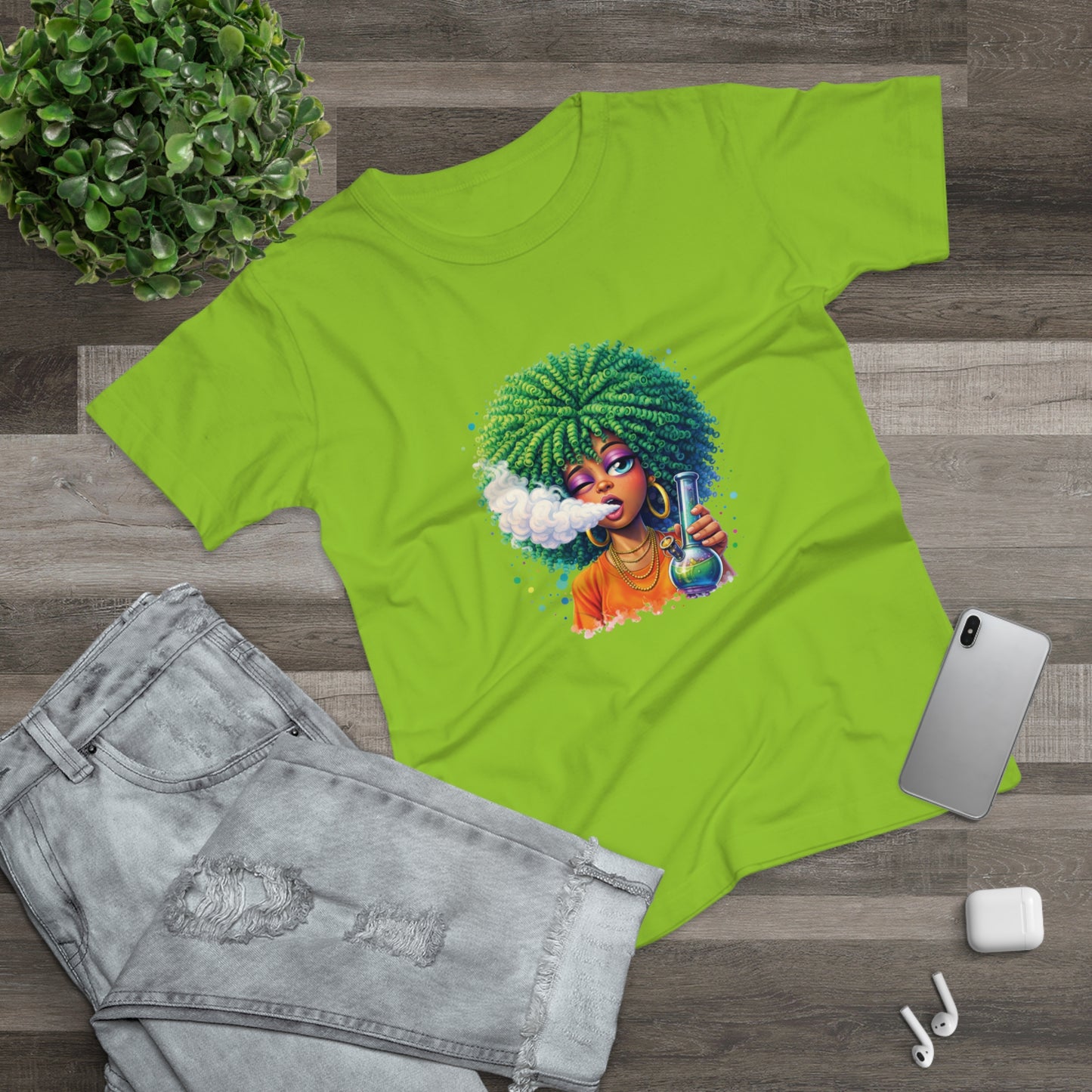 Women’s Graphic T‑Shirt — Afro Puff Girl Vaping Art