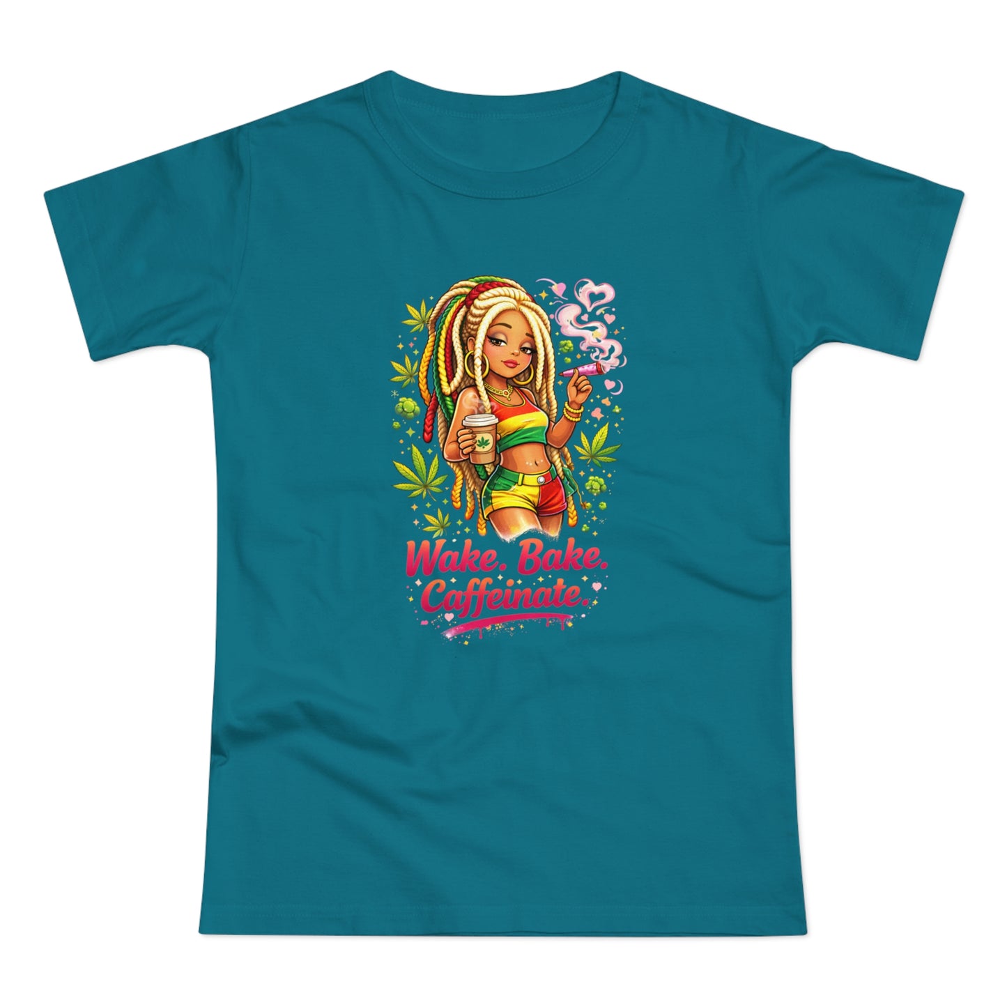 Wake, Bake, Caffeinate T-Shirt — Rasta Girl Coffee & Weed Graphic Tee