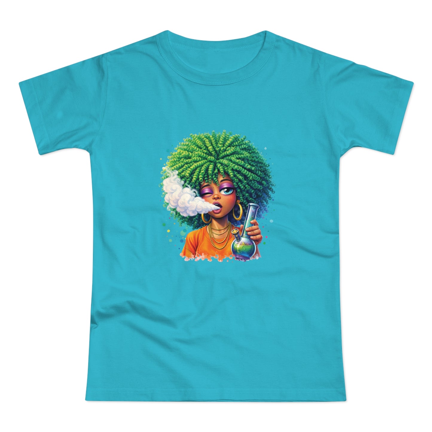 Women’s Graphic T‑Shirt — Afro Puff Girl Vaping Art