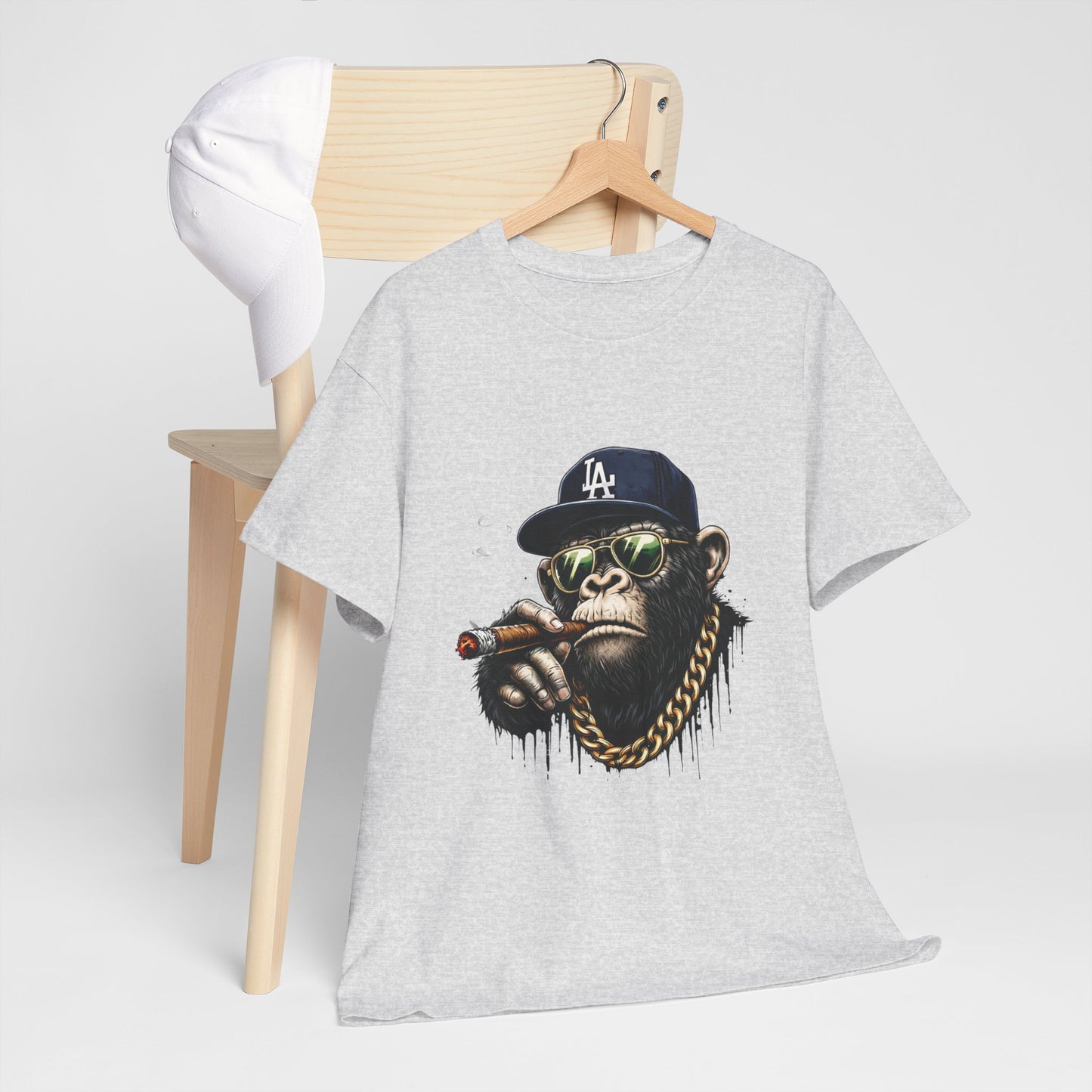 Cigar-Chomping Hip Hop Monkey T-Shirt — LA Cap & Gold Chain Streetwear