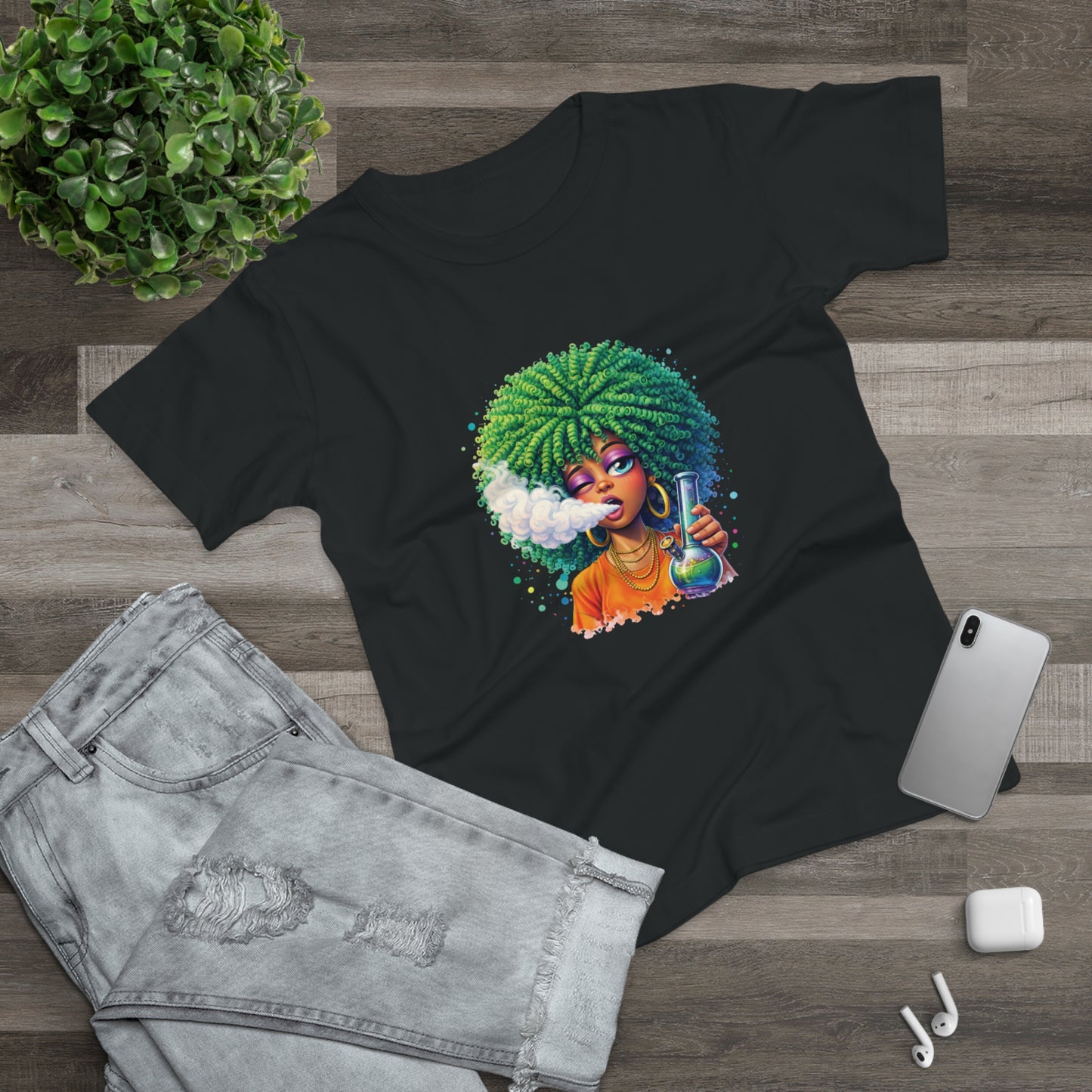 Women’s Graphic T‑Shirt — Afro Puff Girl Vaping Art