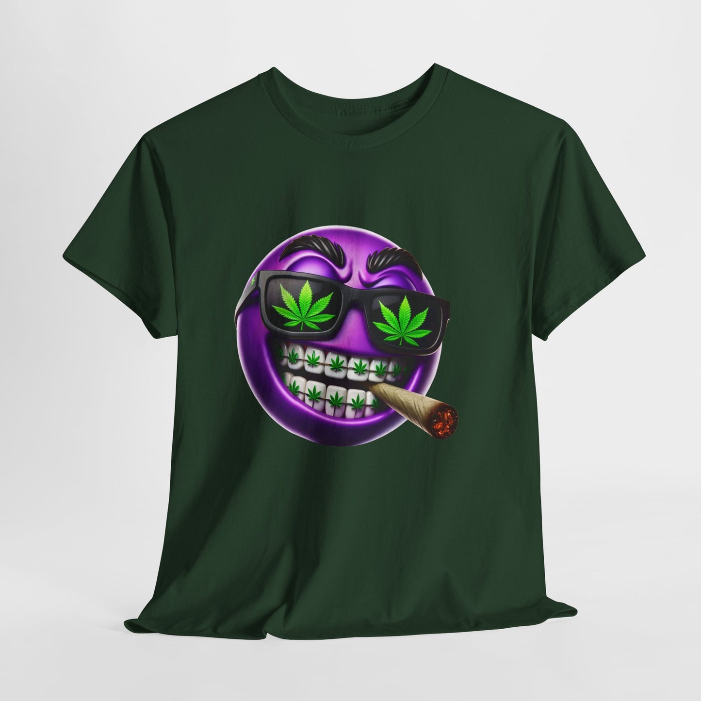 420 Smiley T-Shirt — Purple Grinning Emoticon with Weed Sunglasses & Joint