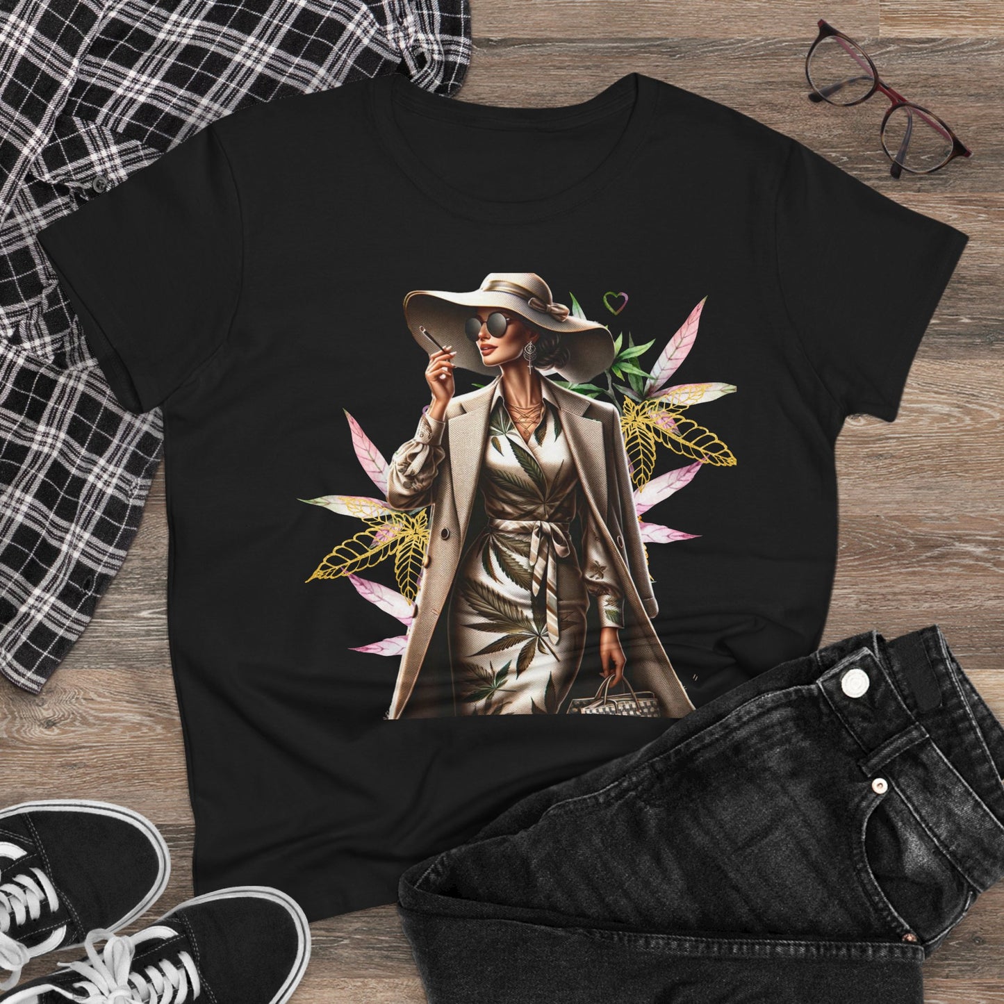 Chic Floral Fashion Tee — Stylish Woman in Trench & Sun Hat Graphic