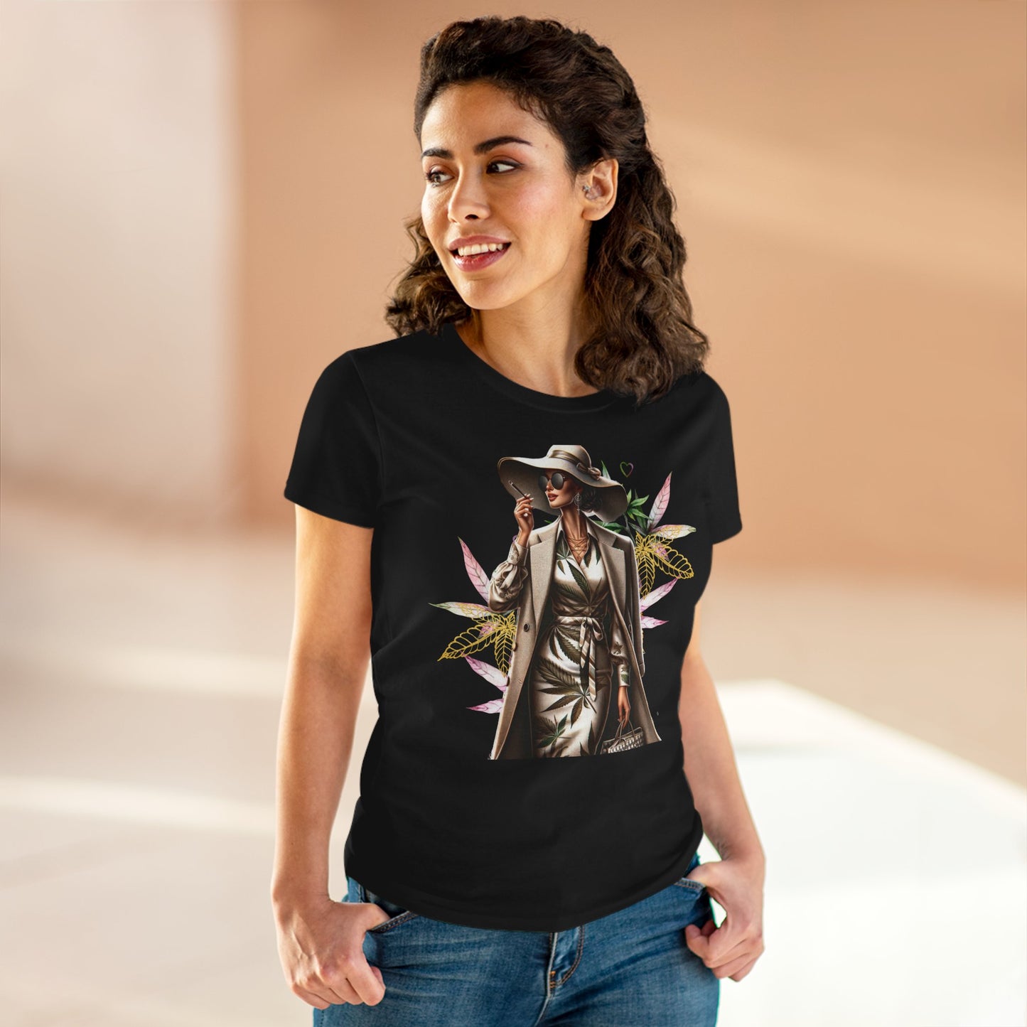 Chic Floral Fashion Tee — Stylish Woman in Trench & Sun Hat Graphic