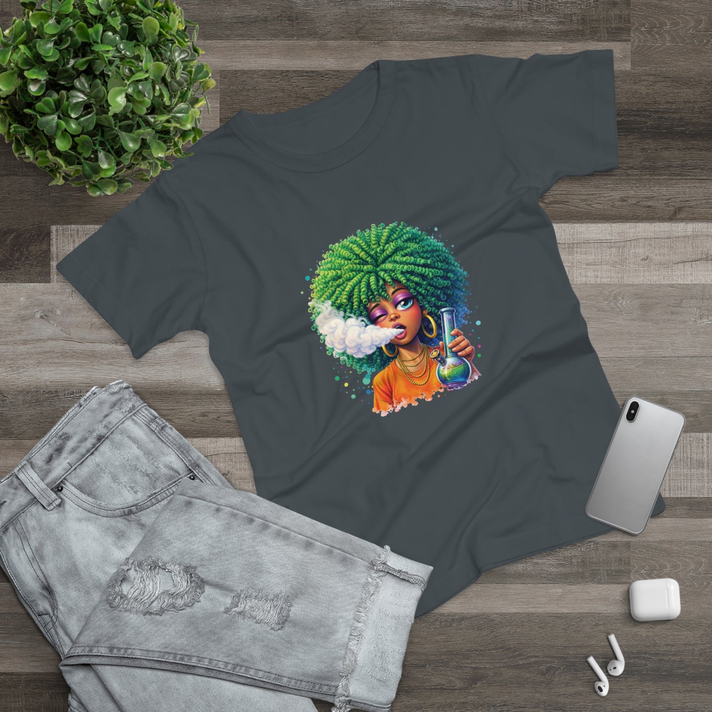 Women’s Graphic T‑Shirt — Afro Puff Girl Vaping Art
