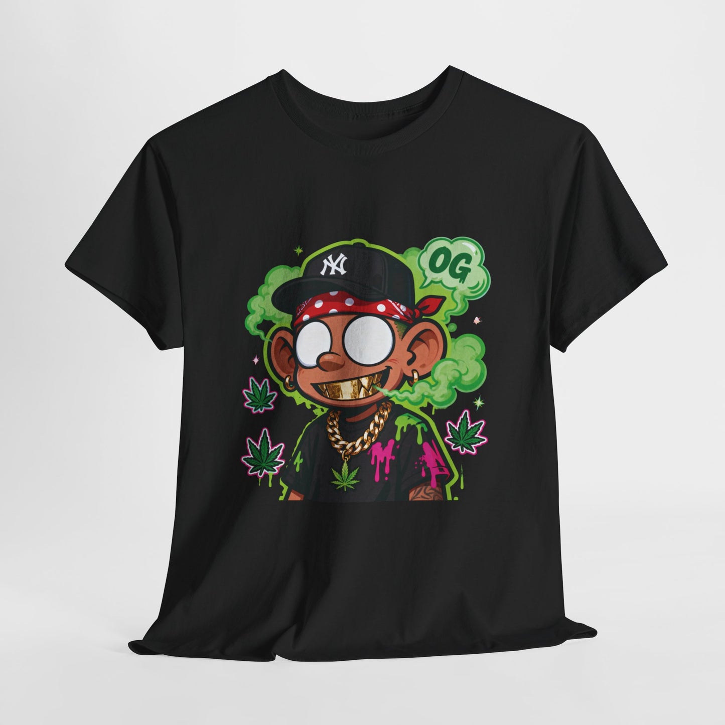 T-Shirt — OG Cartoon Stoner Graphic Tee (Green Smoke & Leaf Design)