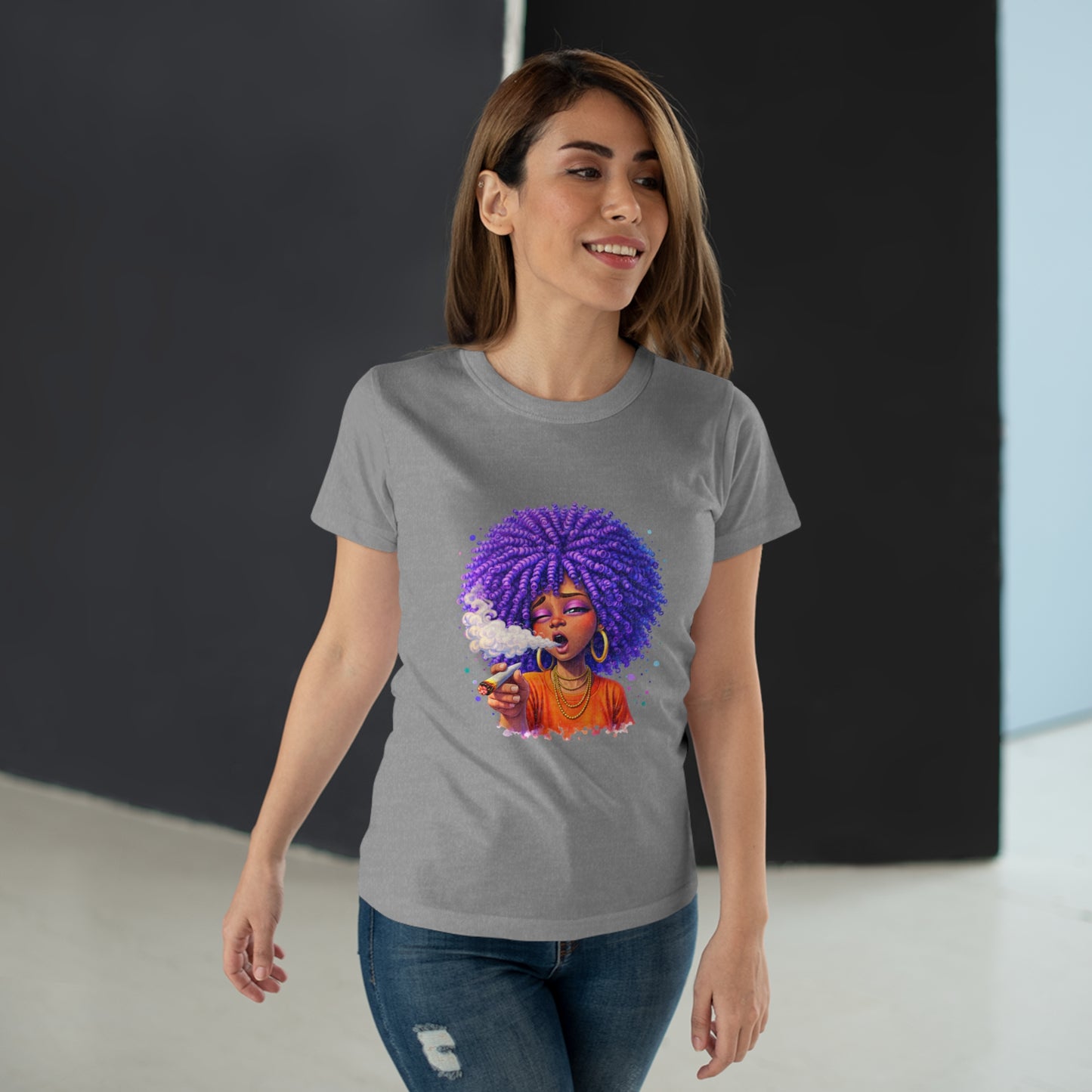 Women's T-Shirt — Purple Afro Girl Art Graphic Tee (Smoke Vibe)