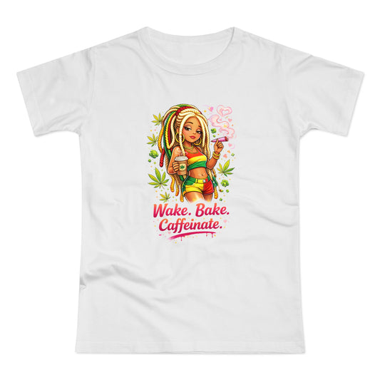 Wake, Bake, Caffeinate T-Shirt — Rasta Girl Coffee & Weed Graphic Tee