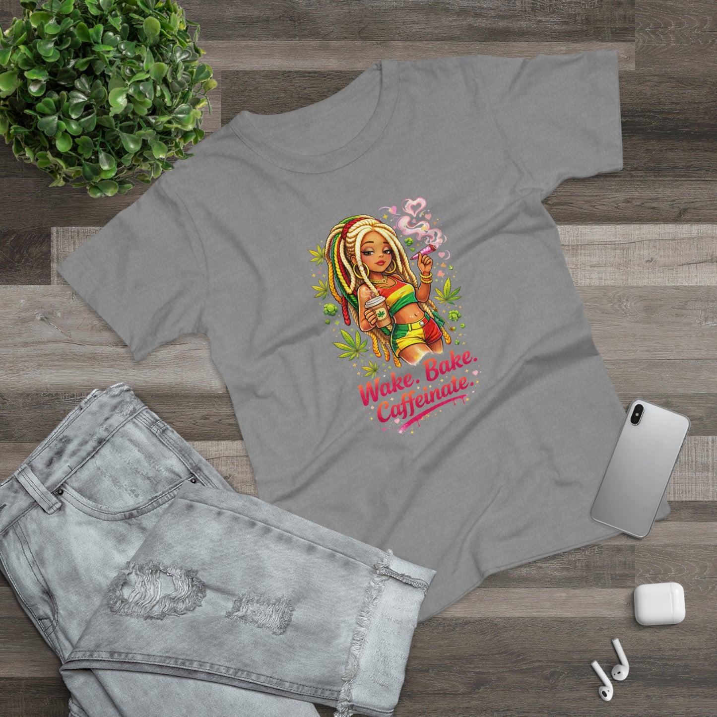 Wake, Bake, Caffeinate T-Shirt — Rasta Girl Coffee & Weed Graphic Tee