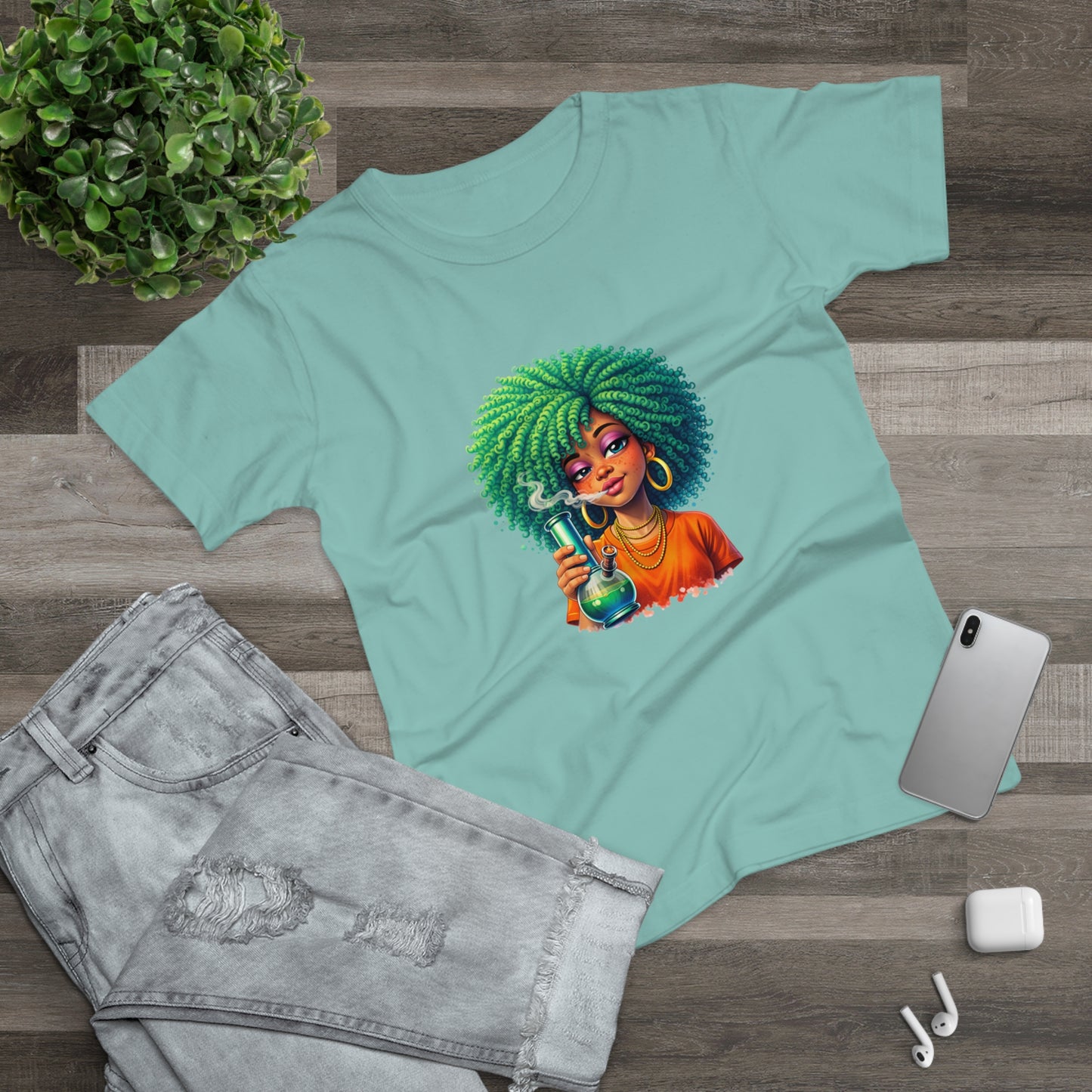 Afro Green Hair Scientist T‑Shirt — Cute Black Girl Chemist Graphic Tee