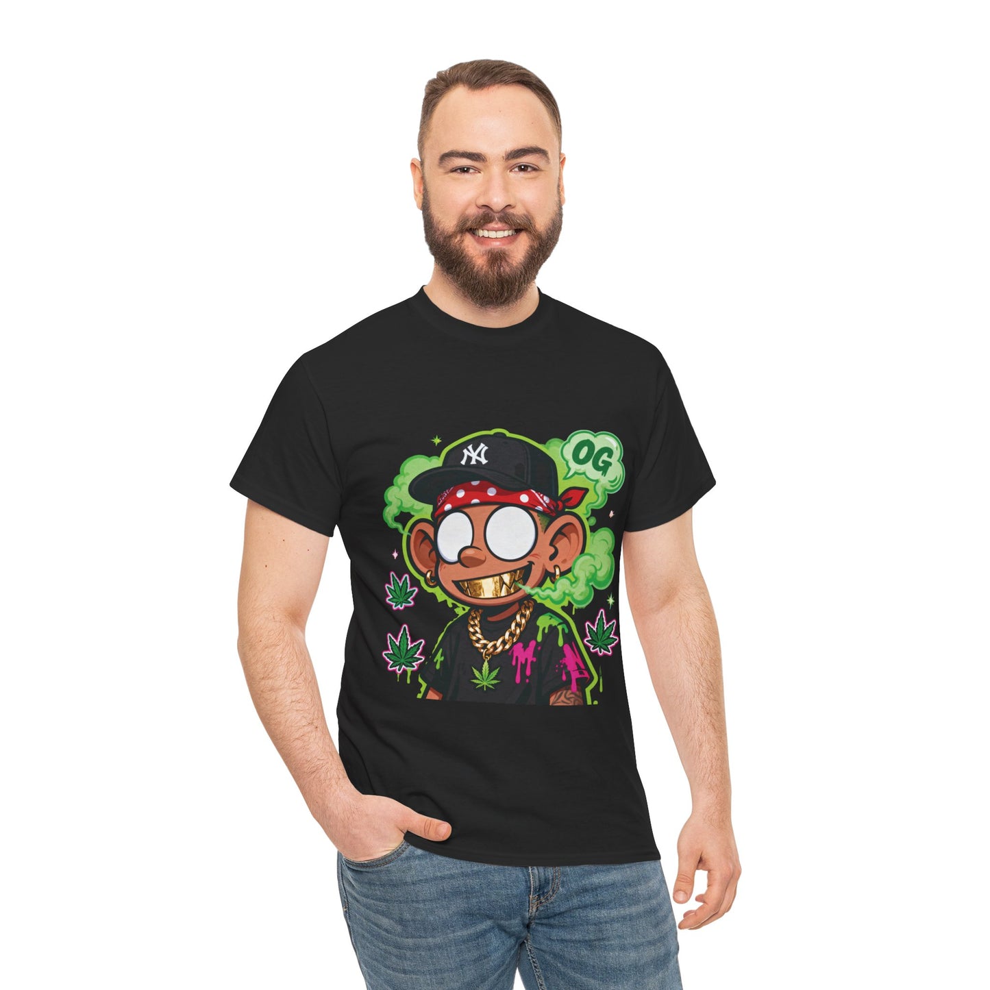 T-Shirt — OG Cartoon Stoner Graphic Tee (Green Smoke & Leaf Design)