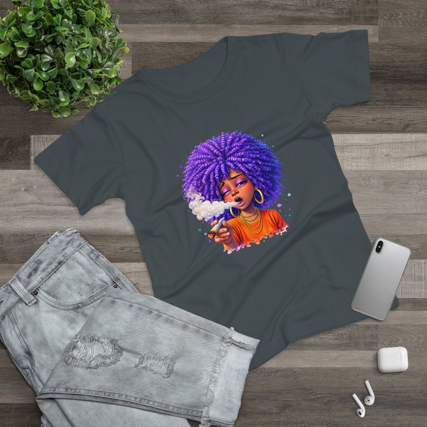 Women's T-Shirt — Purple Afro Girl Art Graphic Tee (Smoke Vibe)