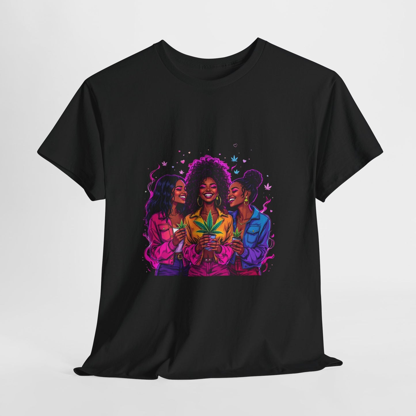 Black Tee — Vibrant Afro Women Holding 420 Leaf Graphic Shirt