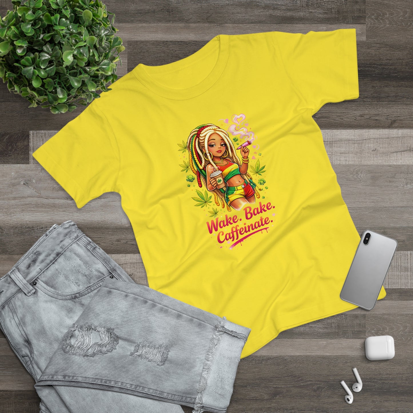 Wake, Bake, Caffeinate T-Shirt — Rasta Girl Coffee & Weed Graphic Tee