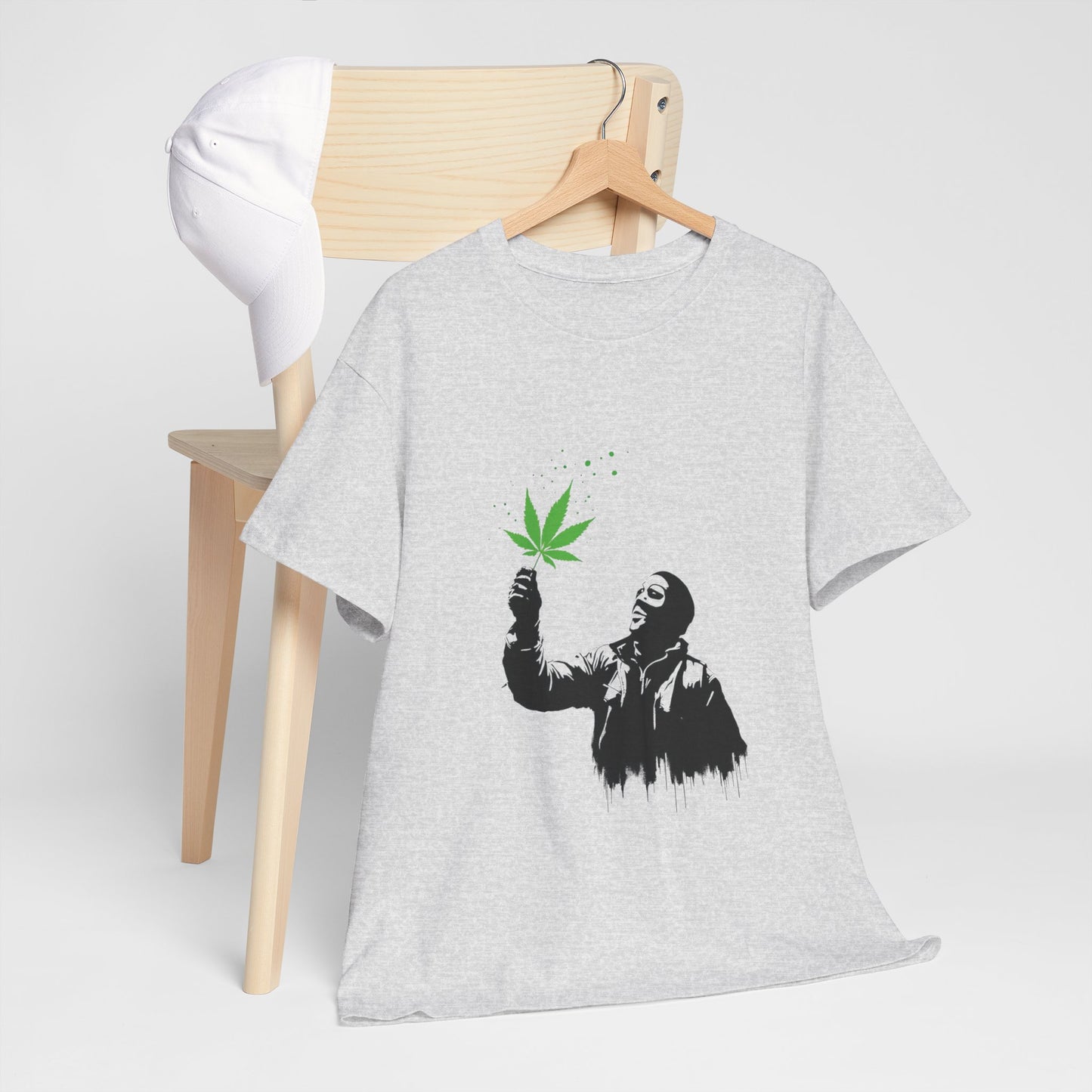 Weed Leaf Stencil Tee — Man Holding Green 420 Graphic T-Shirt