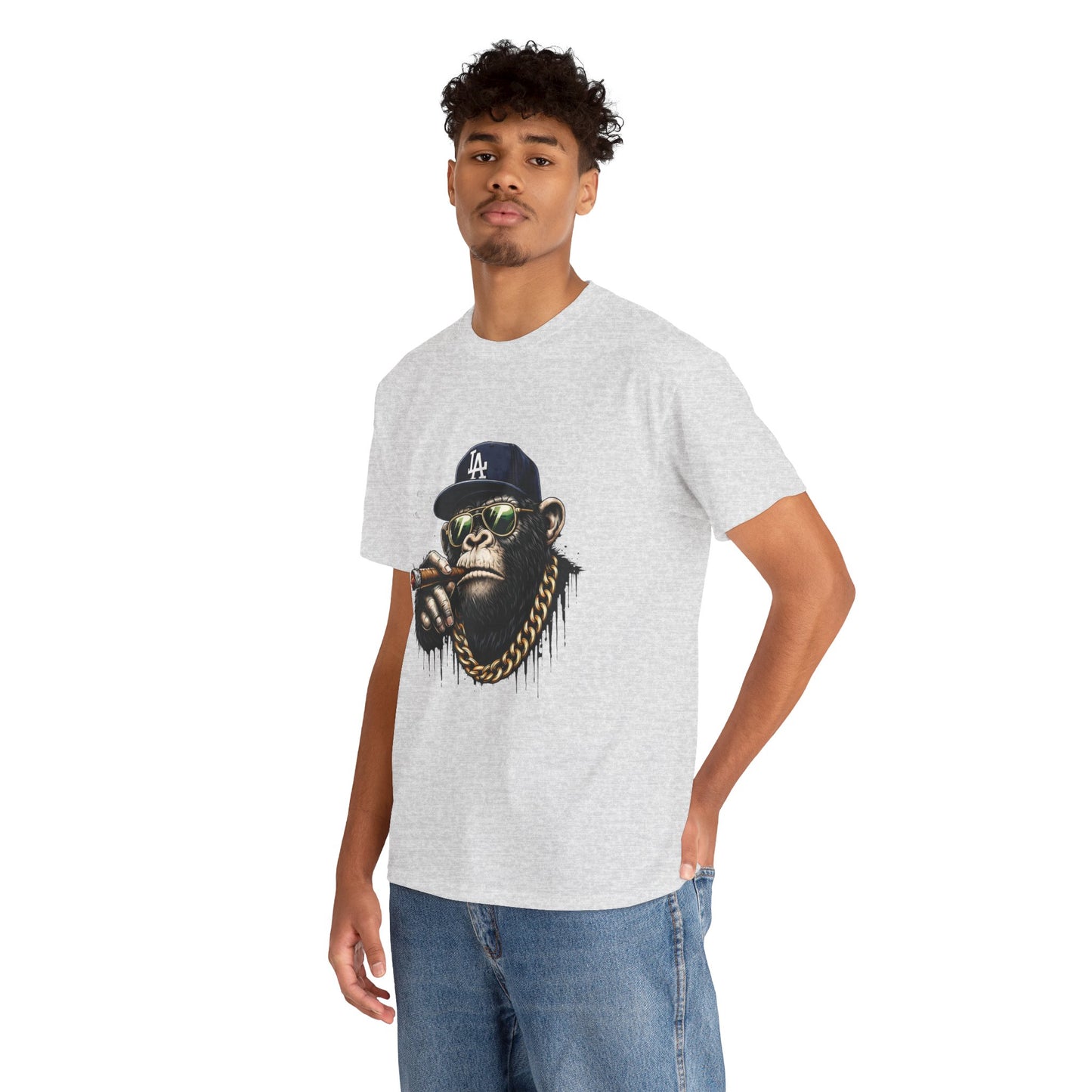 Cigar-Chomping Hip Hop Monkey T-Shirt — LA Cap & Gold Chain Streetwear
