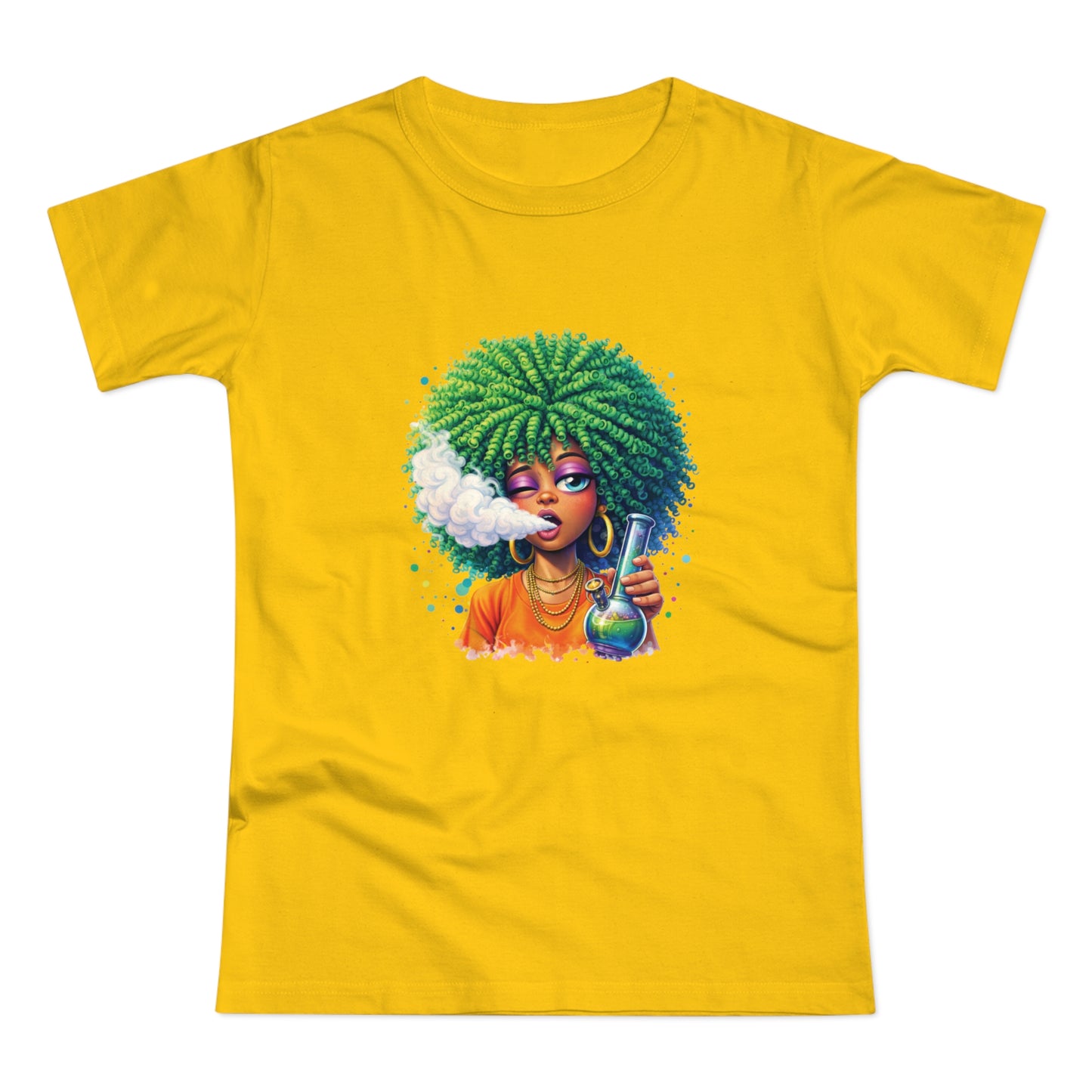 Women’s Graphic T‑Shirt — Afro Puff Girl Vaping Art
