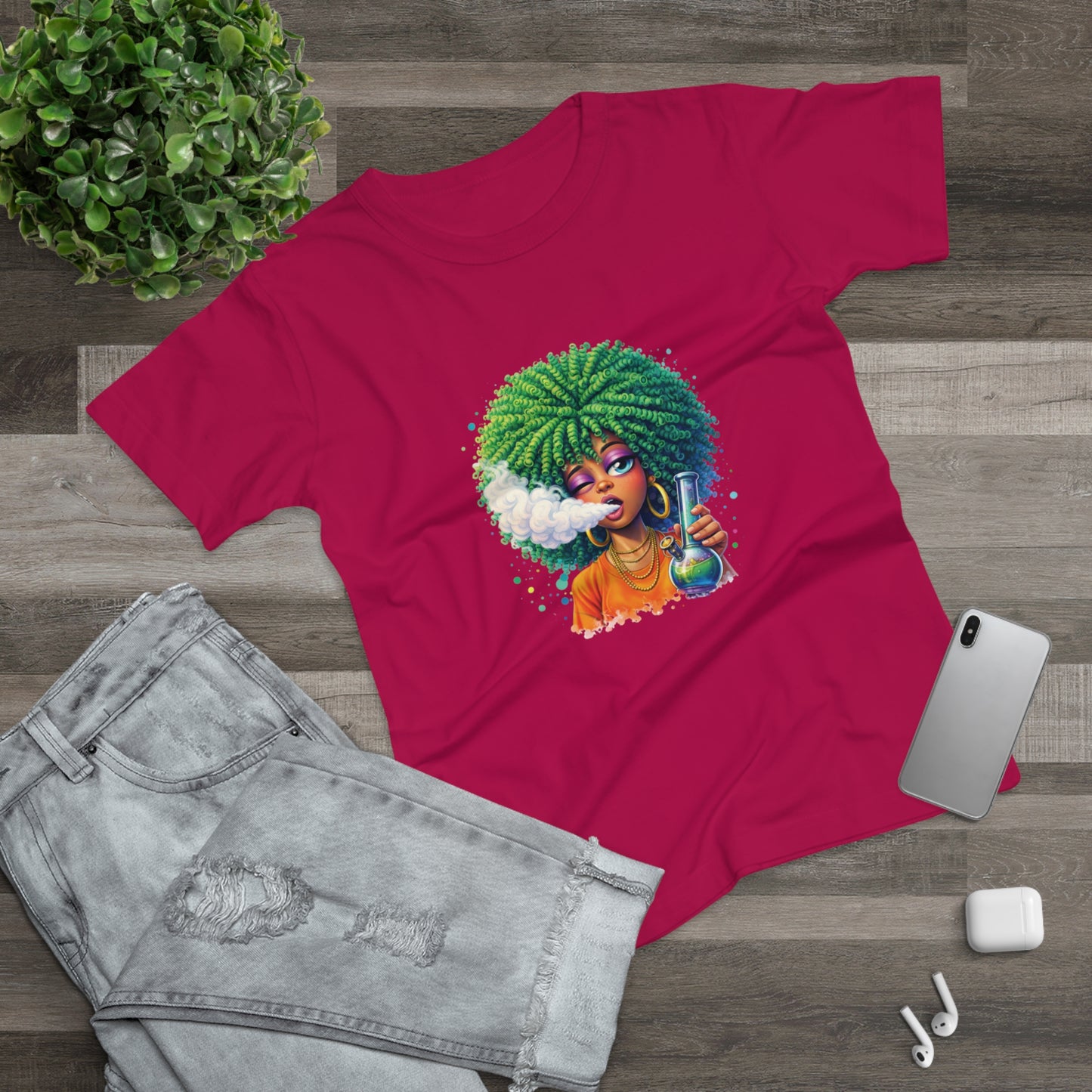 Women’s Graphic T‑Shirt — Afro Puff Girl Vaping Art