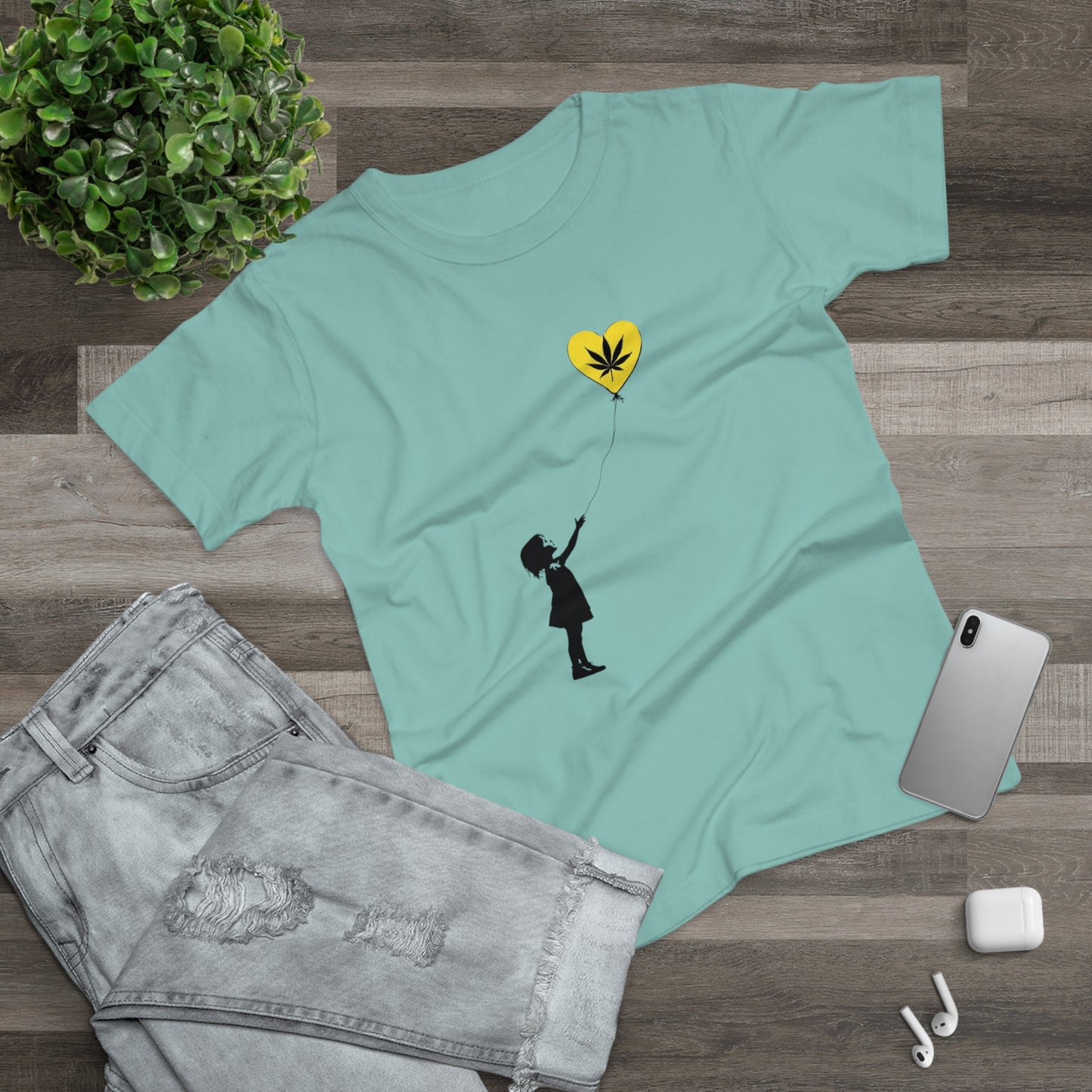 Women’s T-Shirt — Girl with Heart Balloon Weed Leaf Graphic