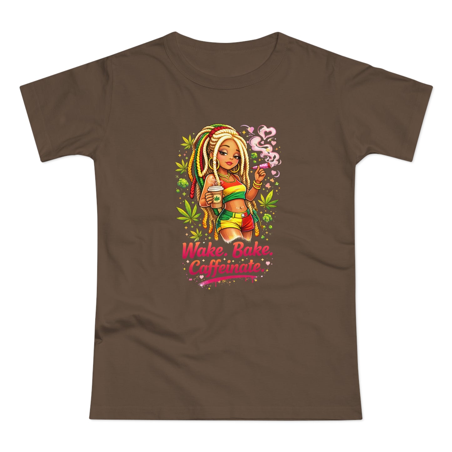 Wake, Bake, Caffeinate T-Shirt — Rasta Girl Coffee & Weed Graphic Tee
