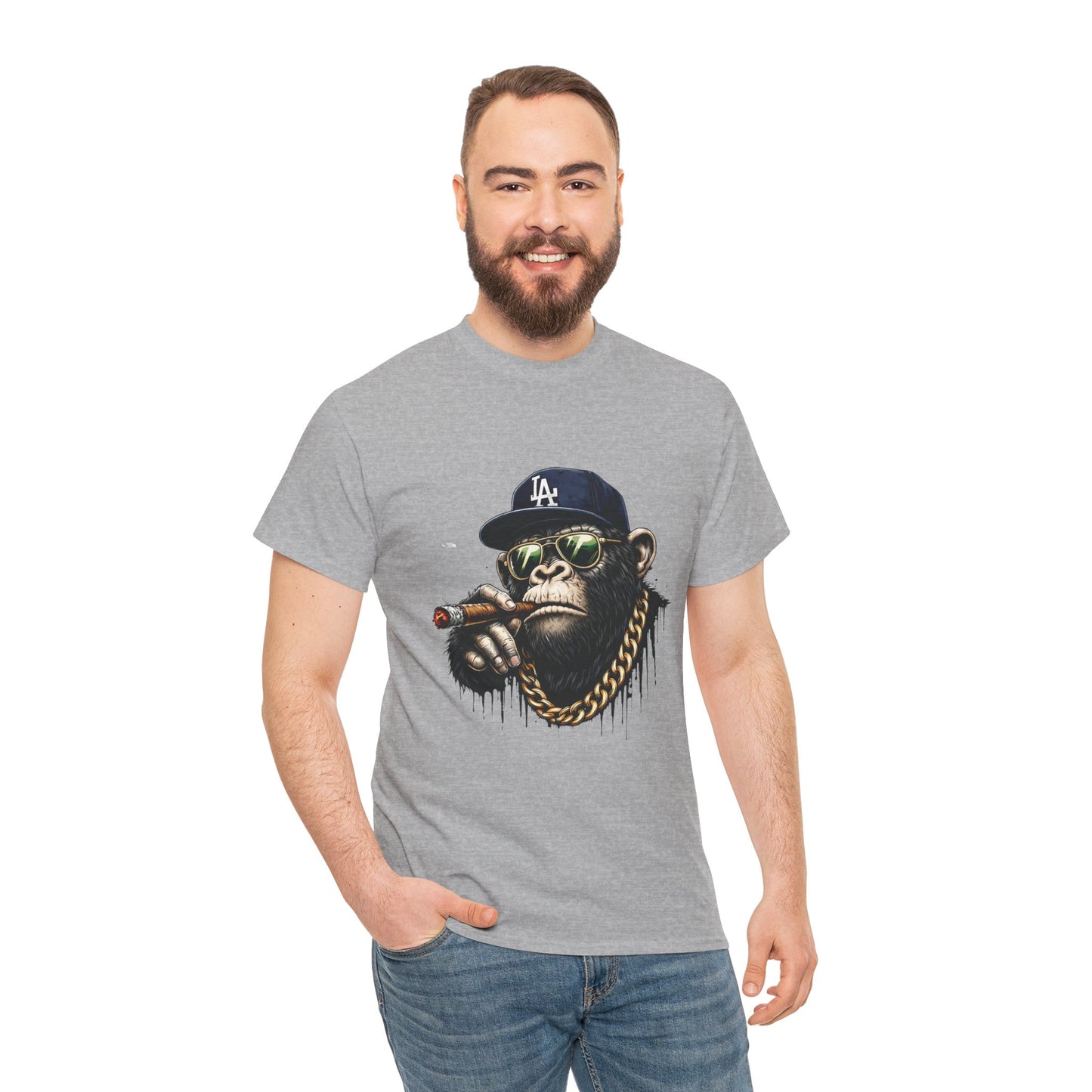 Cigar-Chomping Hip Hop Monkey T-Shirt — LA Cap & Gold Chain Streetwear