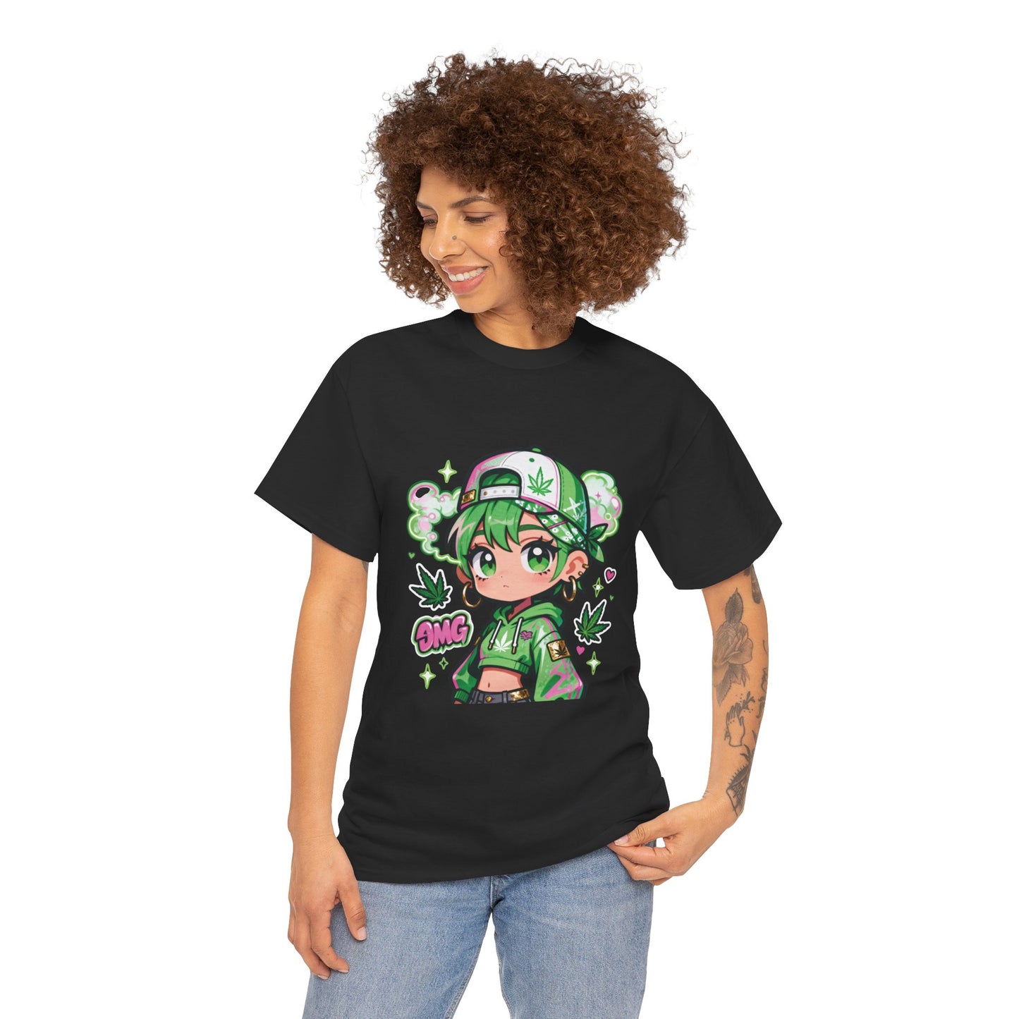 Green Anime Girl Tee — Cute Kawaii Character Shirt with Leaf Accent